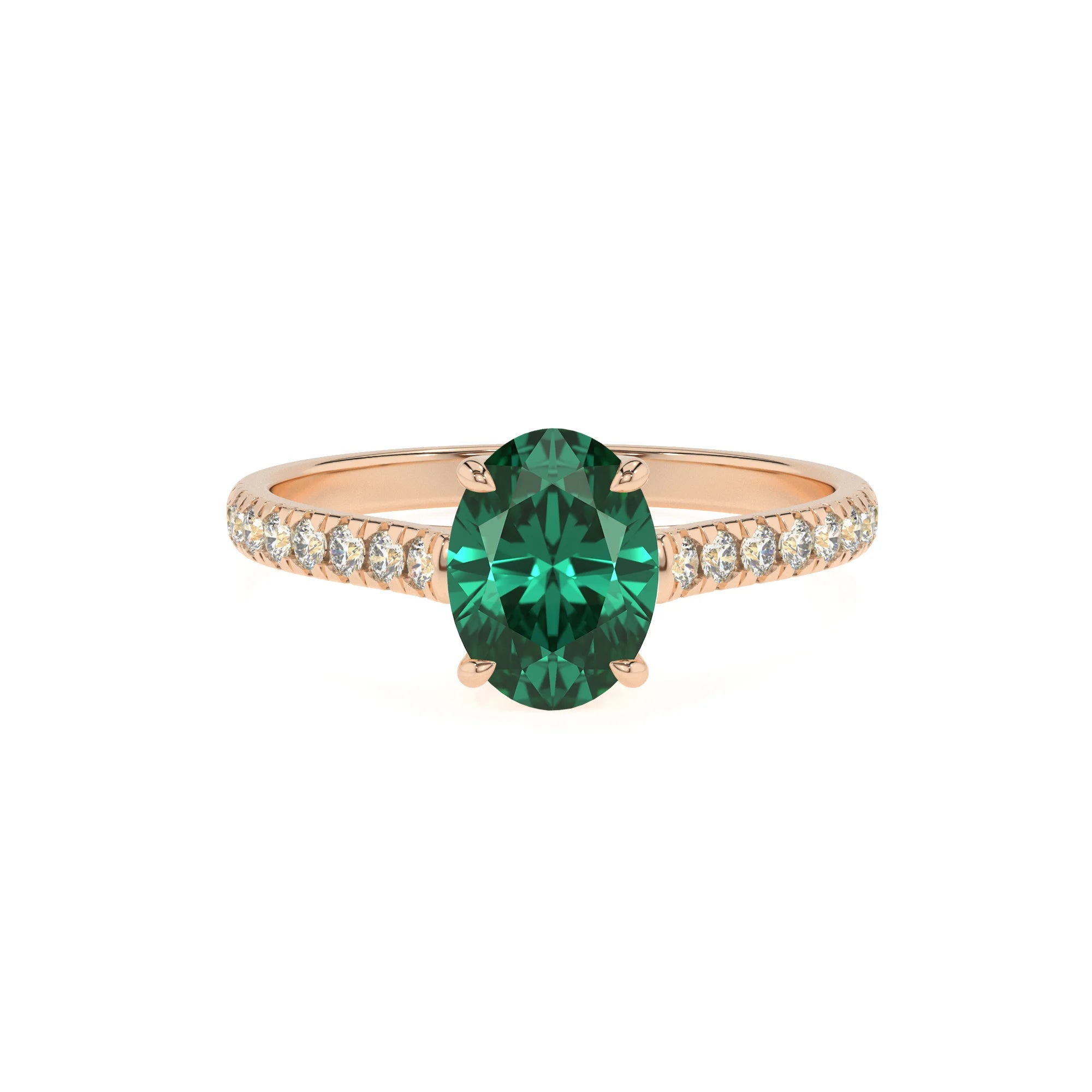 lab grown emerald oval half eternity solitaire engagement rings in rose gold