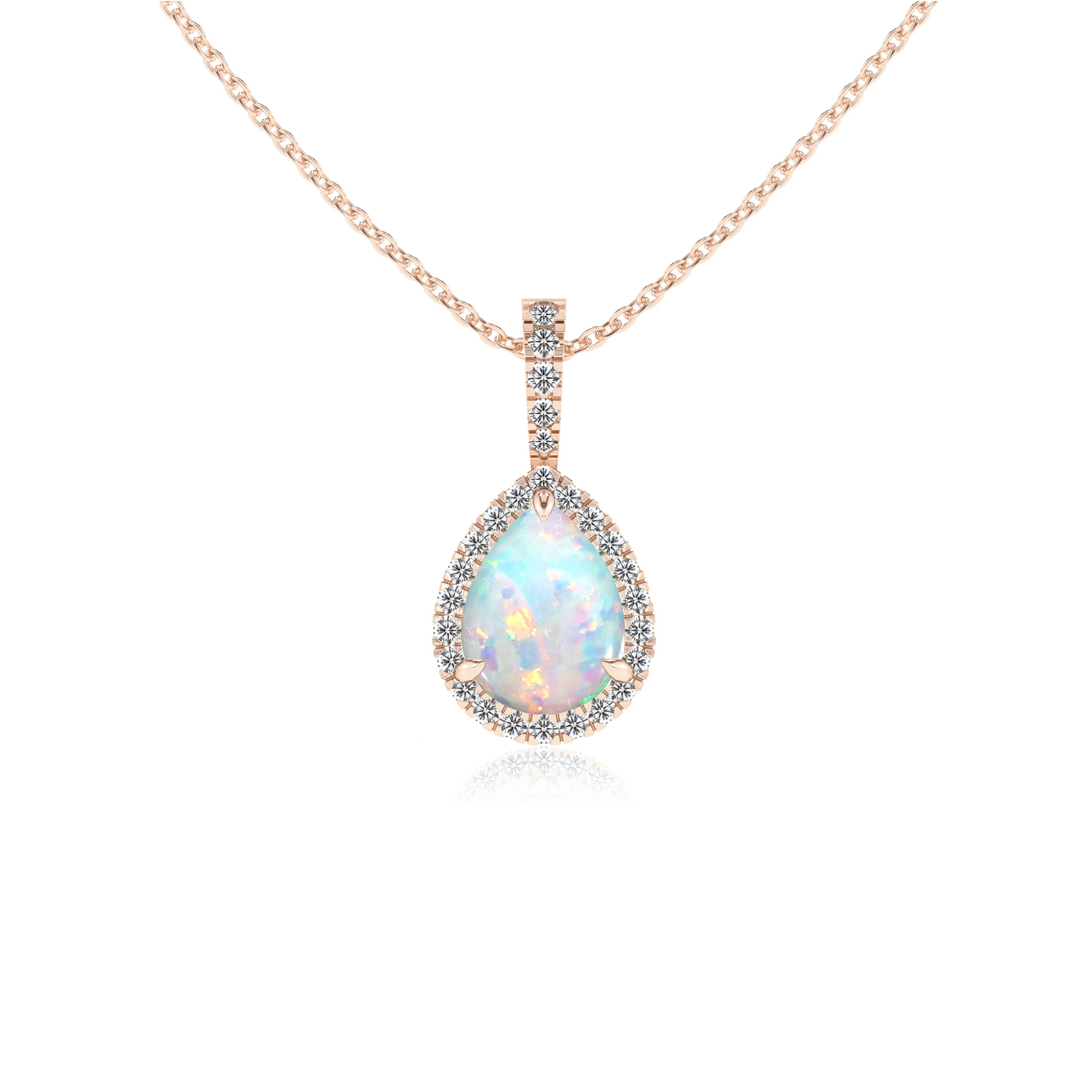 lab grown opal pear solitaire necklaces in rose gold