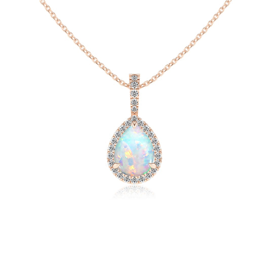 lab grown opal pear solitaire necklaces in rose gold