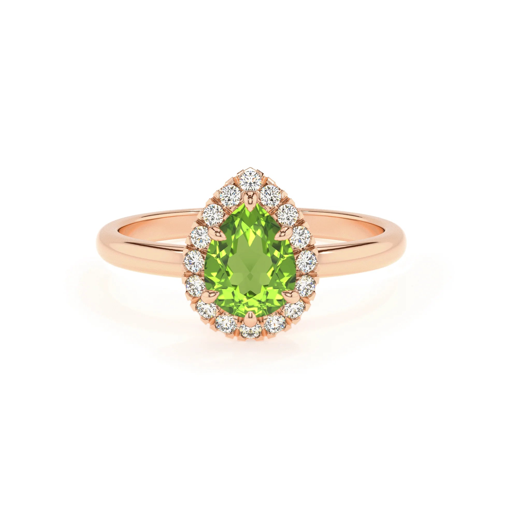 natural peridot pear solitaire rings in rose gold