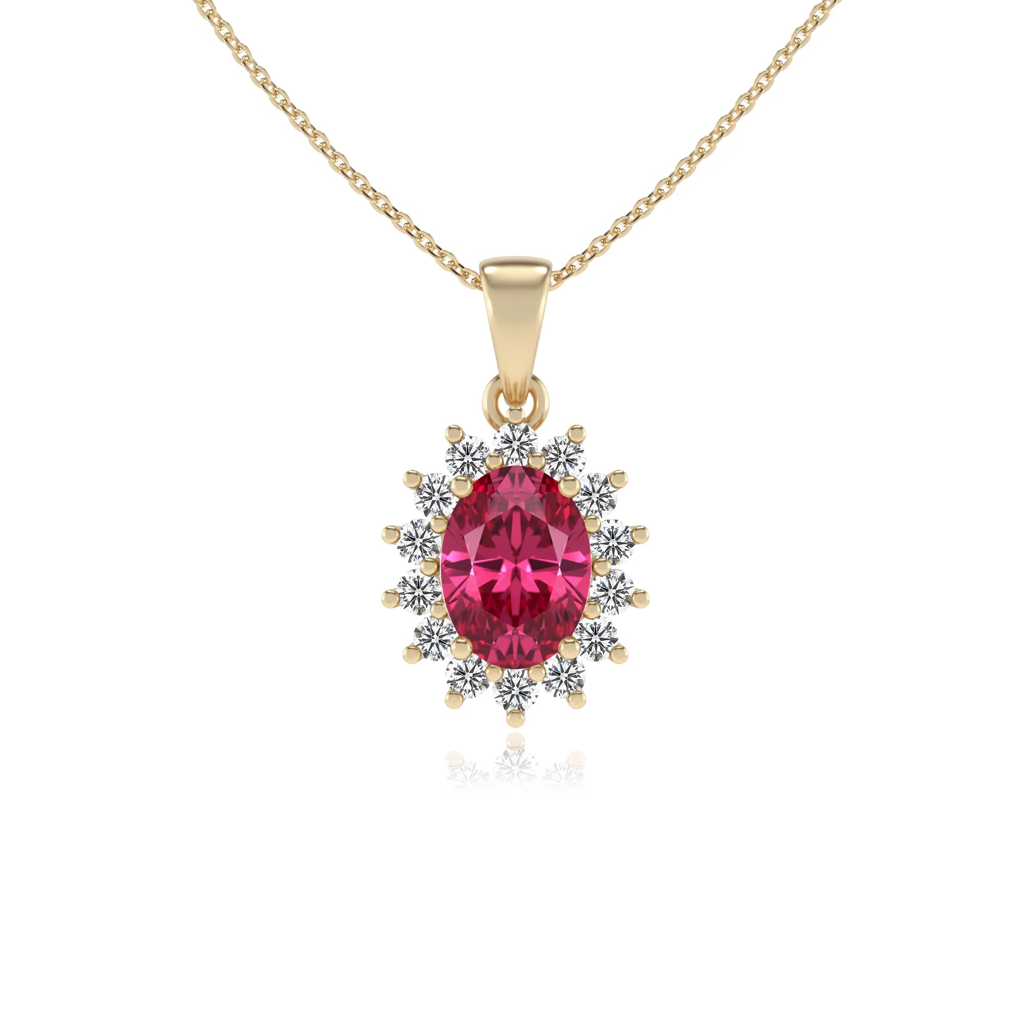 lab grown pink-tourmaline oval halo necklaces in yellow gold