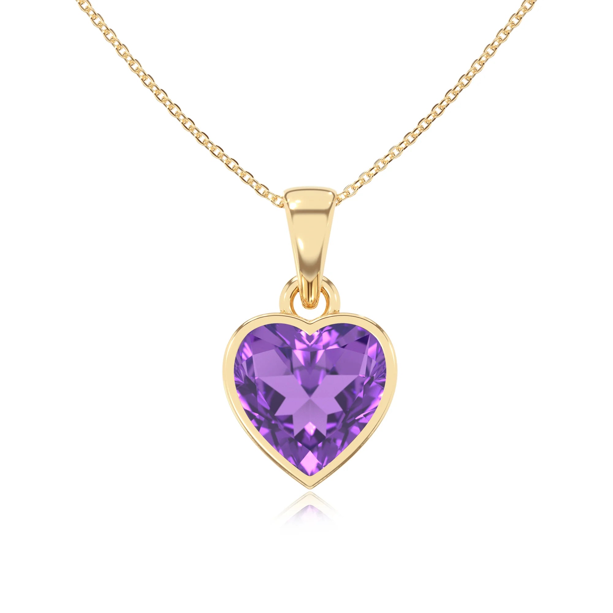lab grown amethyst heart solitaire necklaces in yellow gold