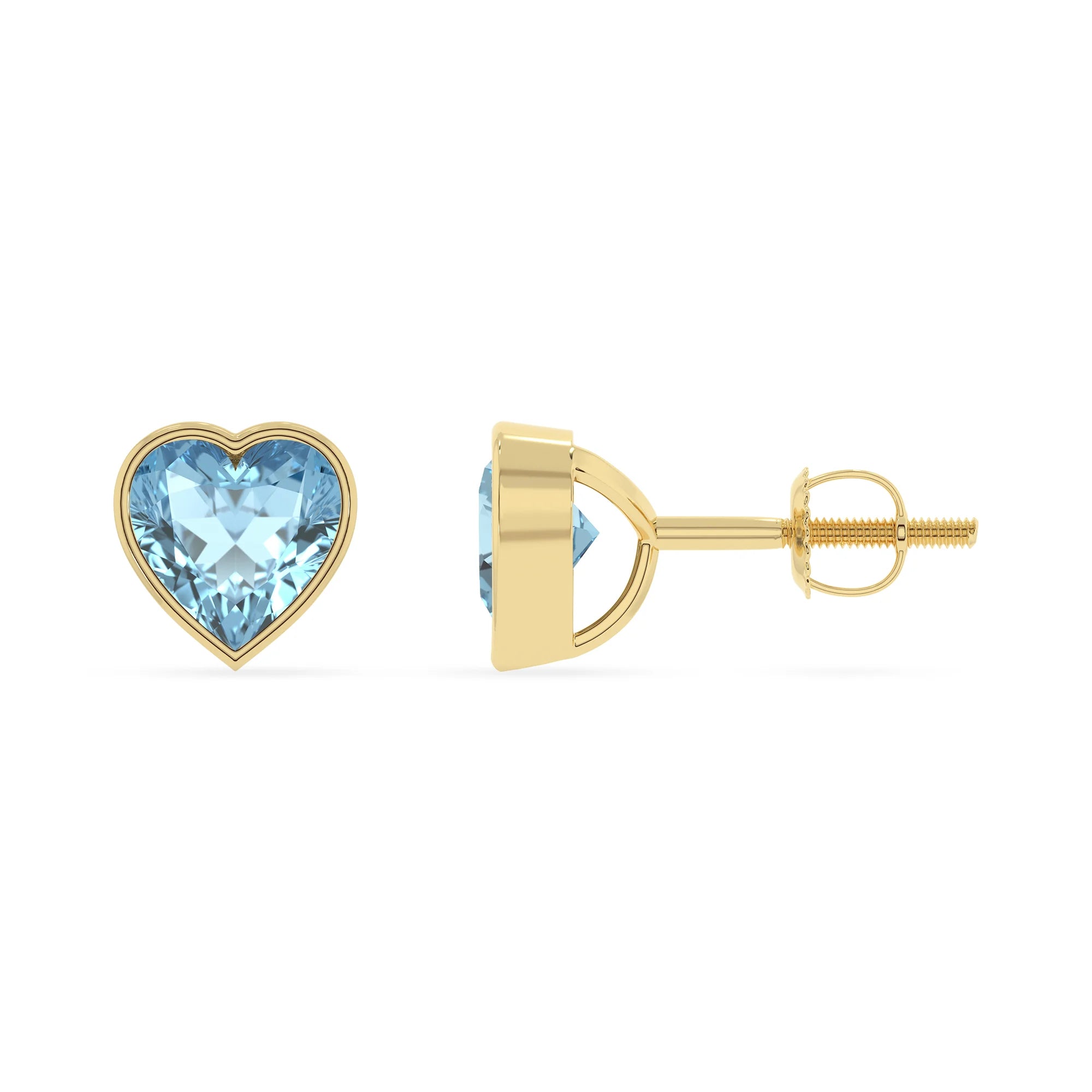 lab grown aquamarine heart stud earrings in yellow gold