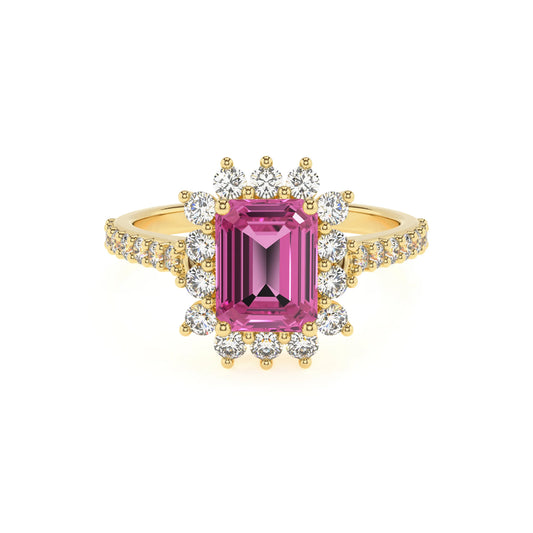 lab grown pink-sapphire emerald cut solitaire rings in yellow gold