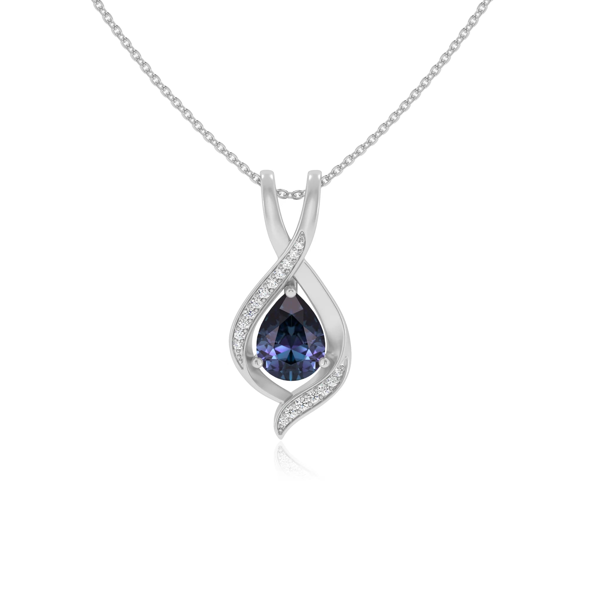 lab grown alexandrite pear solitaire necklaces in white gold