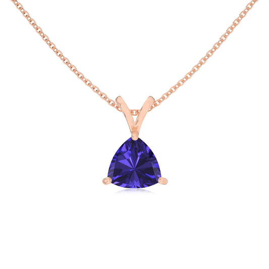 lab grown tanzanite trillion solitaire v-bale necklaces in rose gold