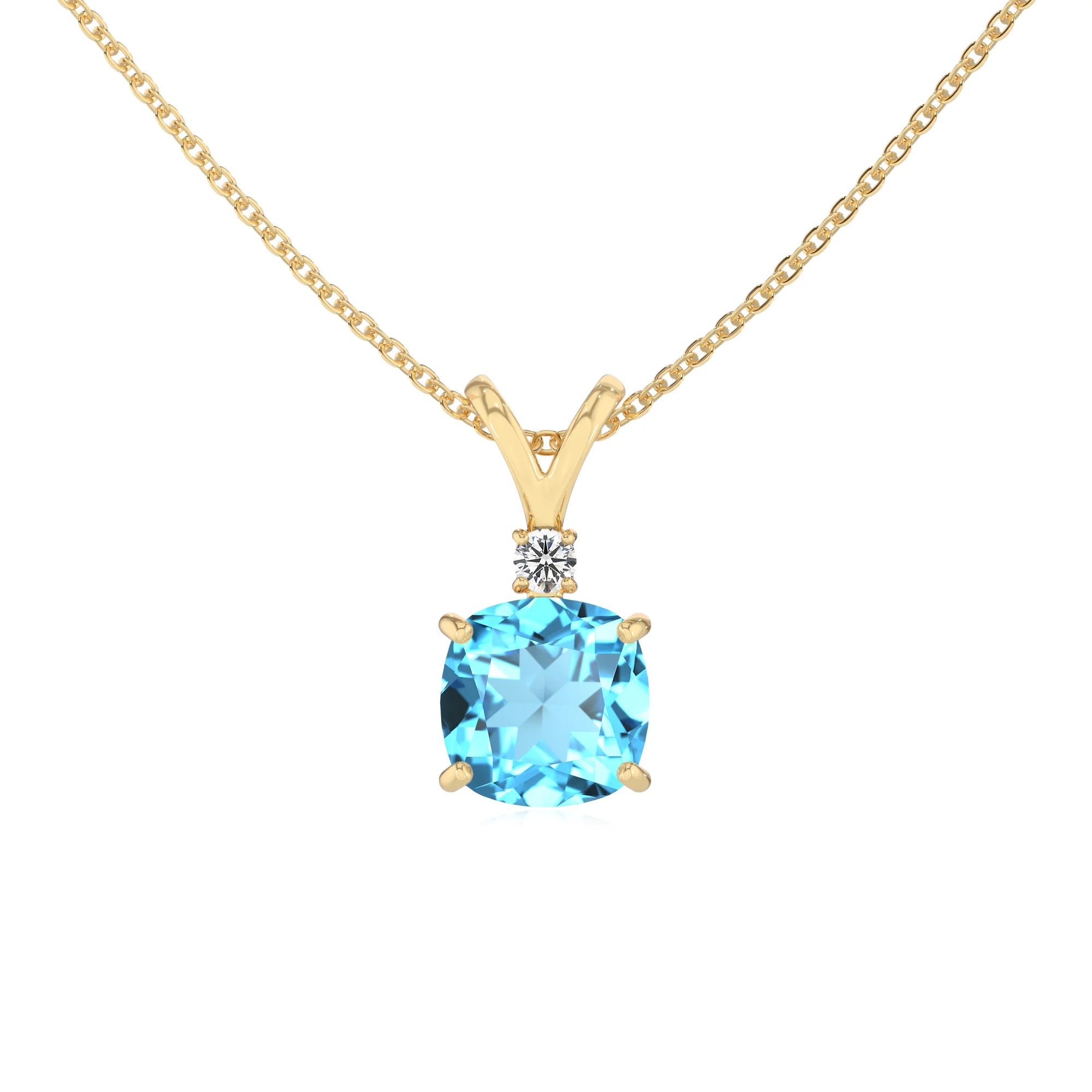 natural swiss-blue-topaz cushion solitaire v-bale necklaces in yellow gold
