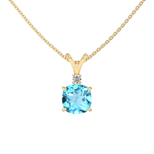 natural swiss-blue-topaz cushion solitaire v-bale necklaces in yellow gold