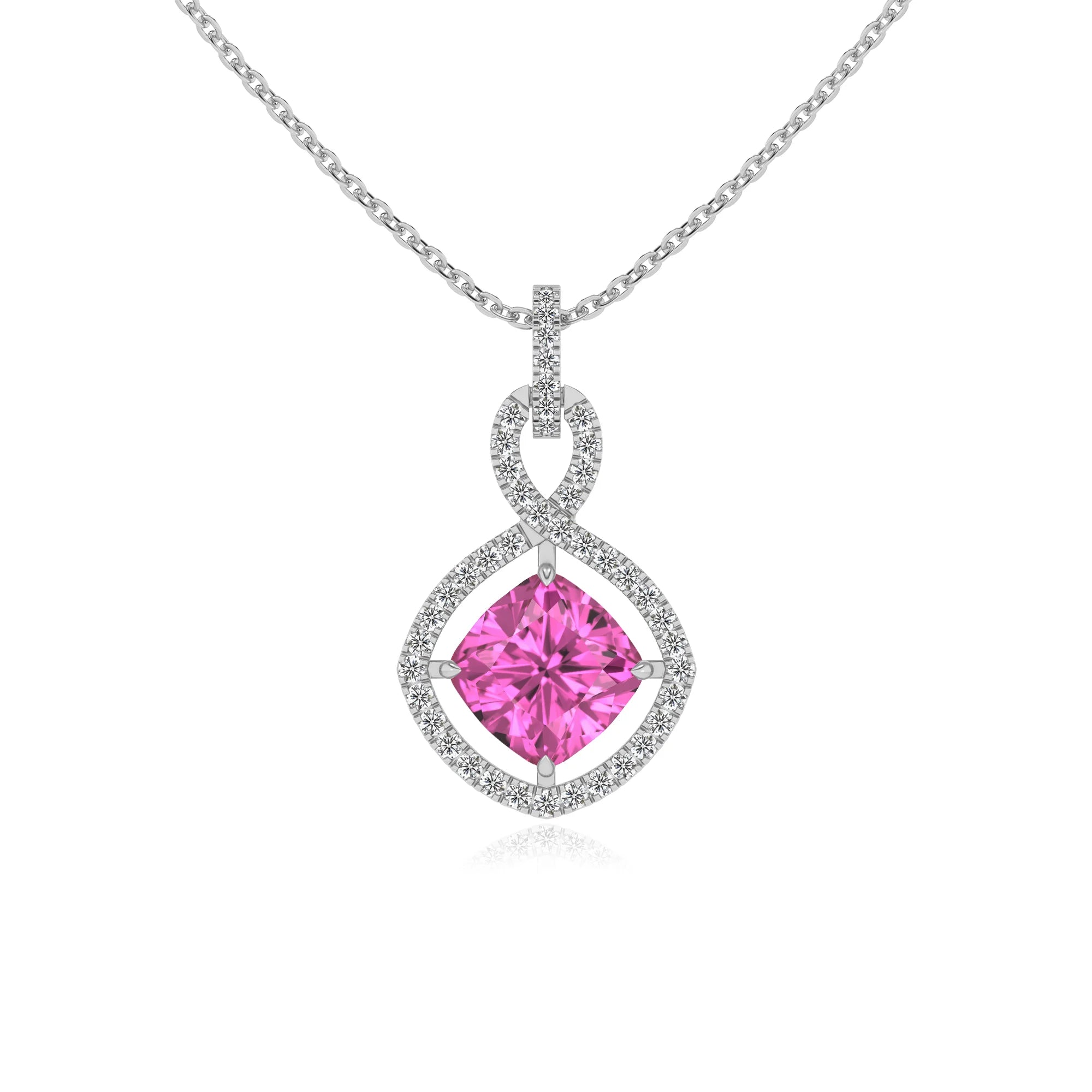 lab grown pink-sapphire cushion infinity necklaces in sterling silver