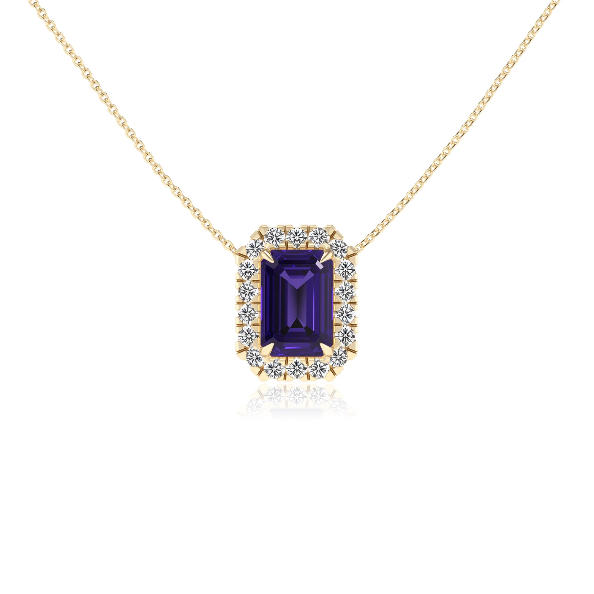 lab grown tanzanite emerald cut solitaire necklaces in yellow gold