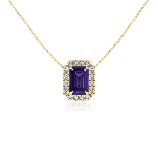 lab grown tanzanite emerald cut solitaire necklaces in yellow gold