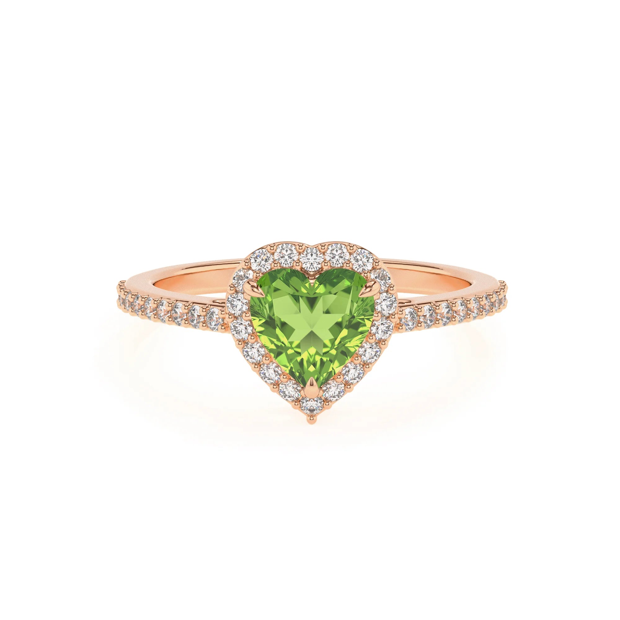 natural peridot heart solitaire rings in rose gold