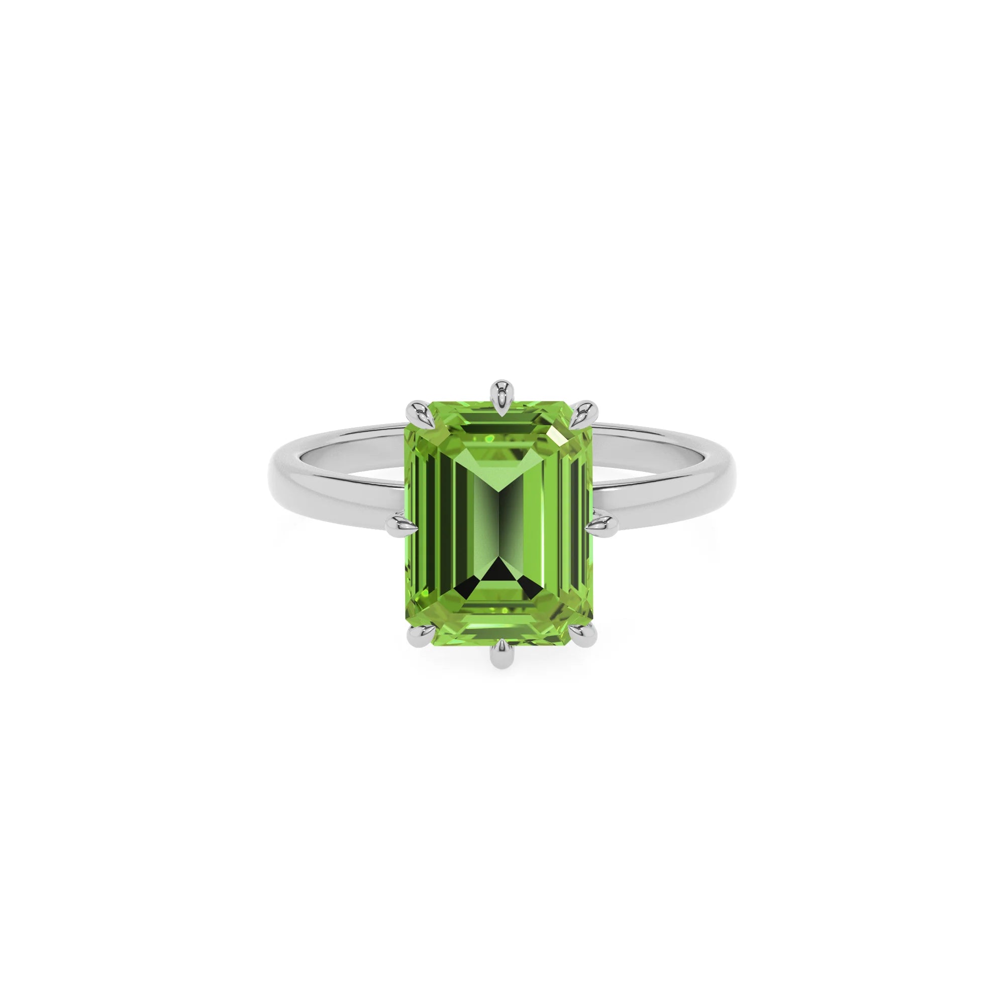 natural peridot emerald cut solitaire rings in platinum