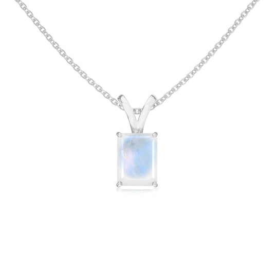 natural rainbow-moonstone emerald cut solitaire v-bale necklaces in white gold