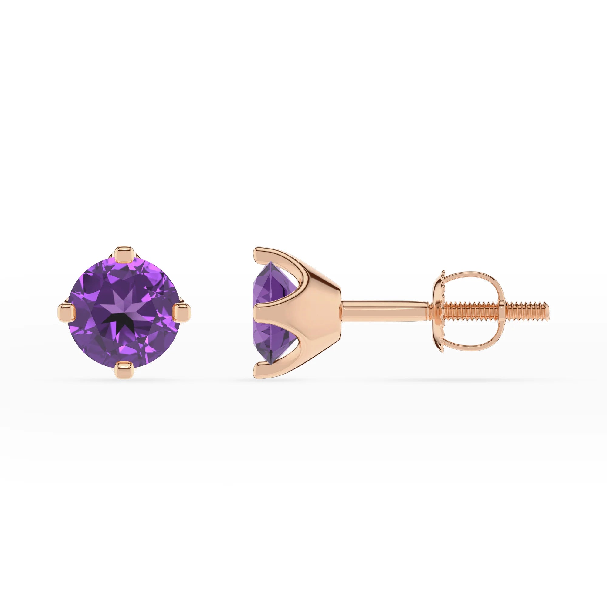 lab grown amethyst round stud earrings in rose gold