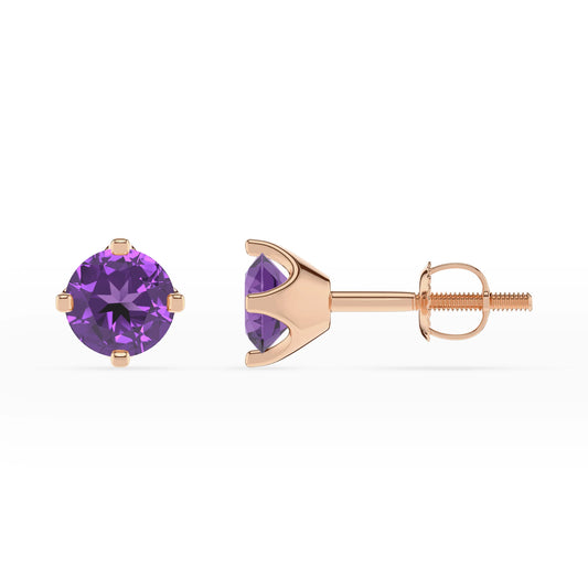lab grown amethyst round stud earrings in rose gold