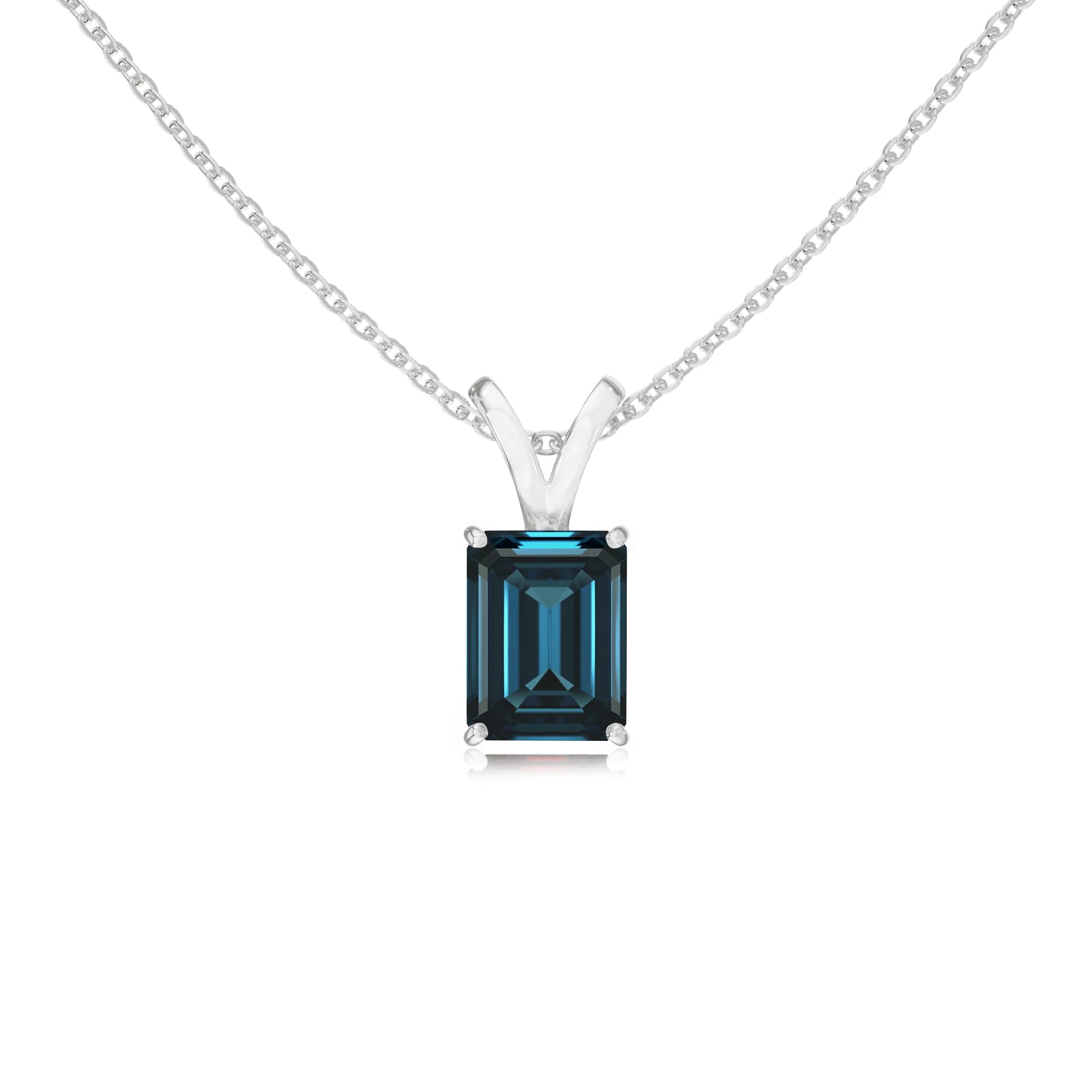 natural london-blue-topaz emerald cut solitaire v-bale necklaces in platinum