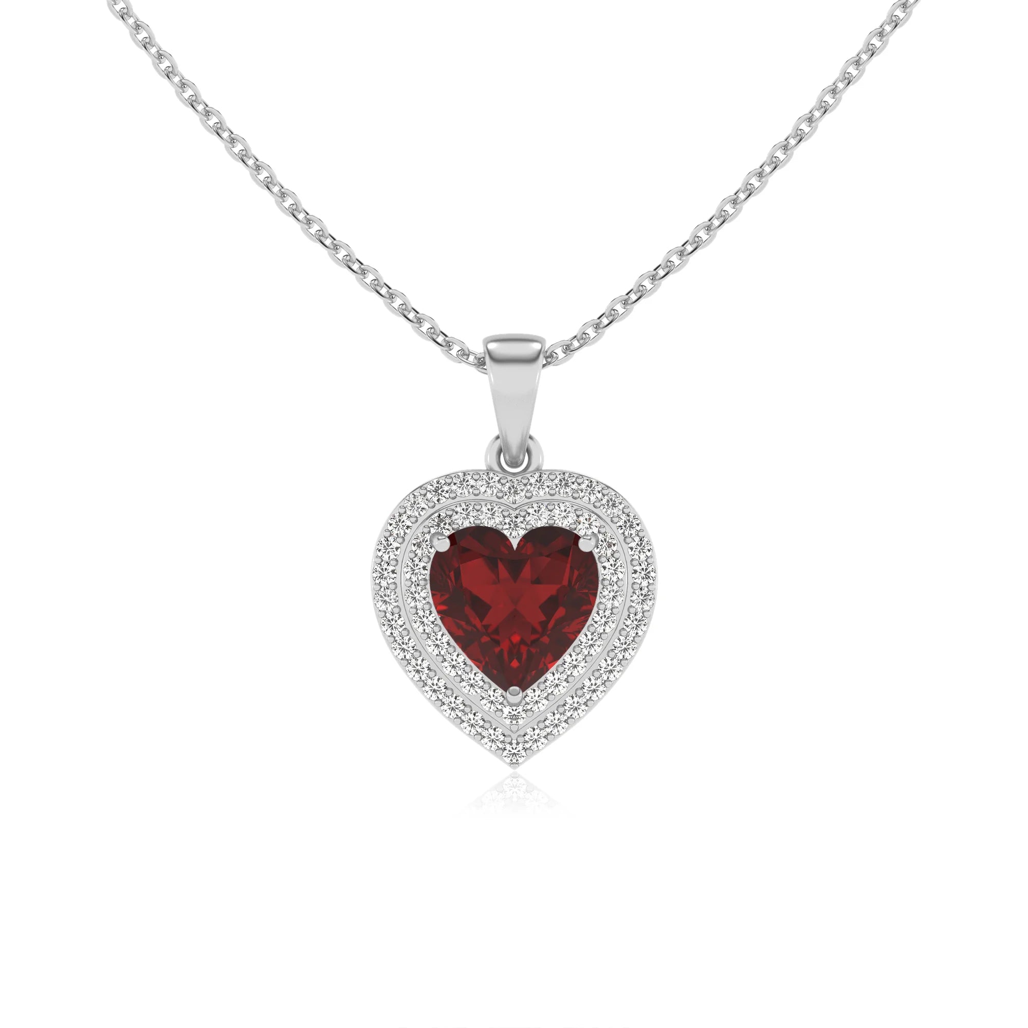 natural garnet heart halo necklaces in white gold