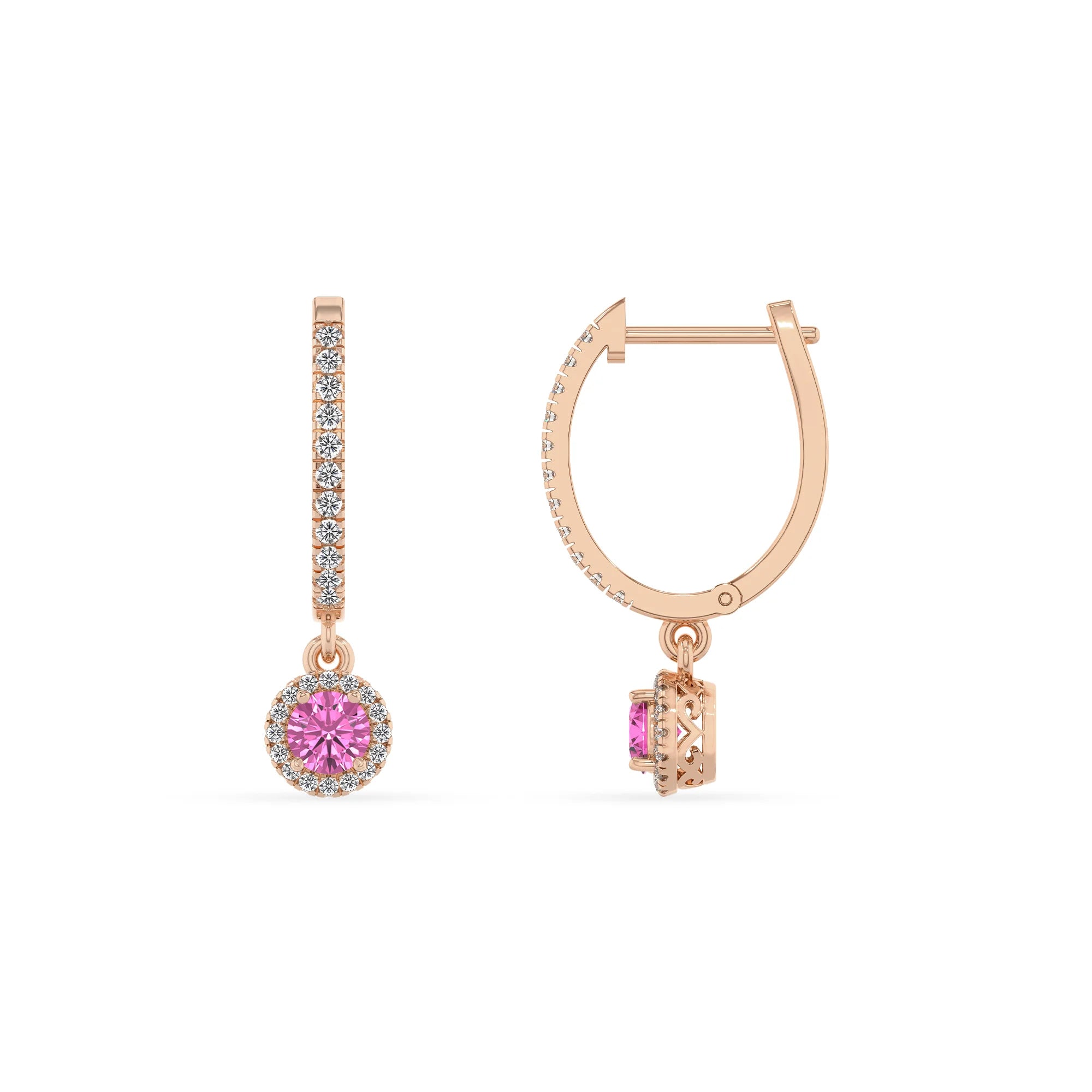lab grown pink sapphire round drop earrings in rose gold