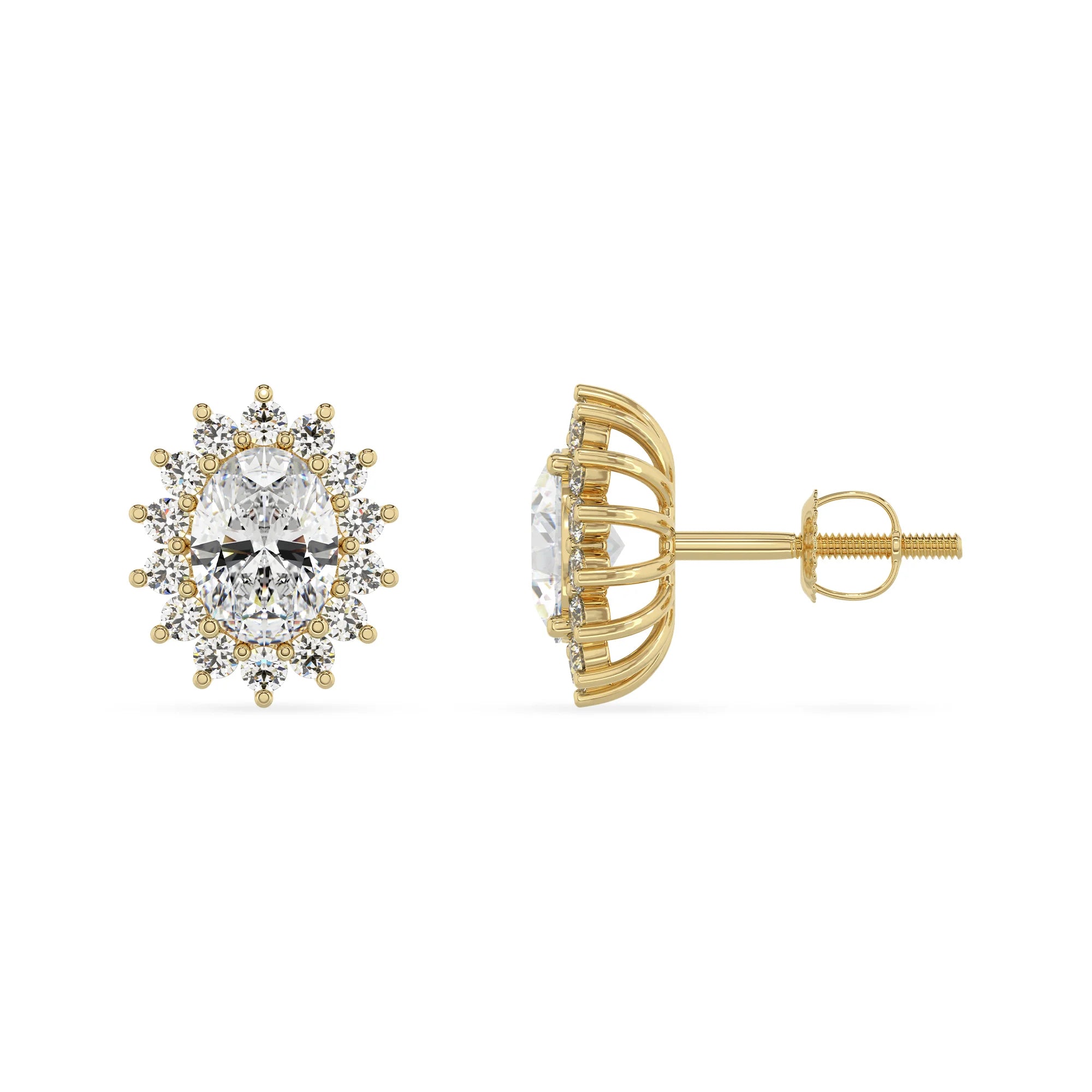 lab grown moissanite oval stud earrings in yellow gold