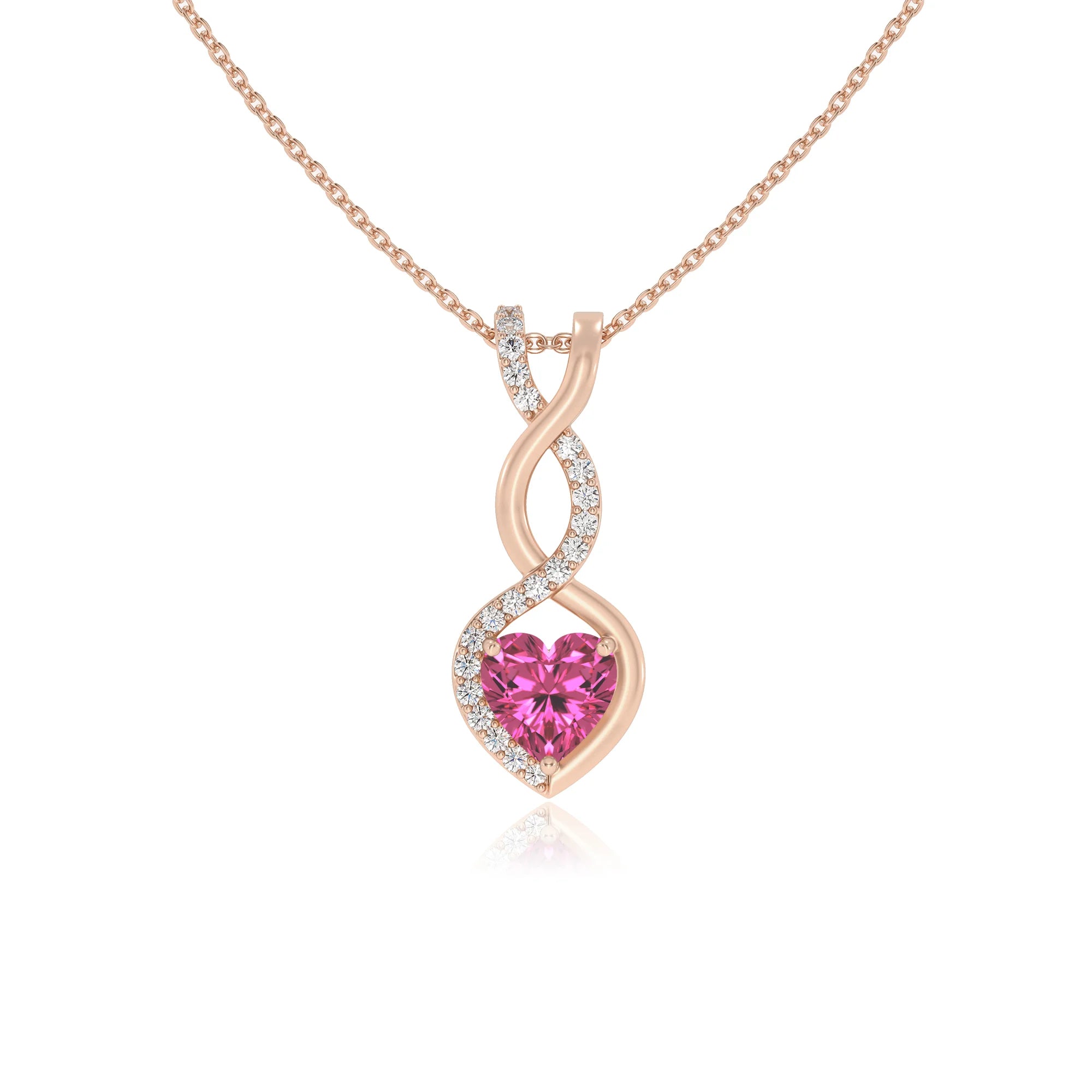 lab grown pink-sapphire heart infinity necklaces in rose gold