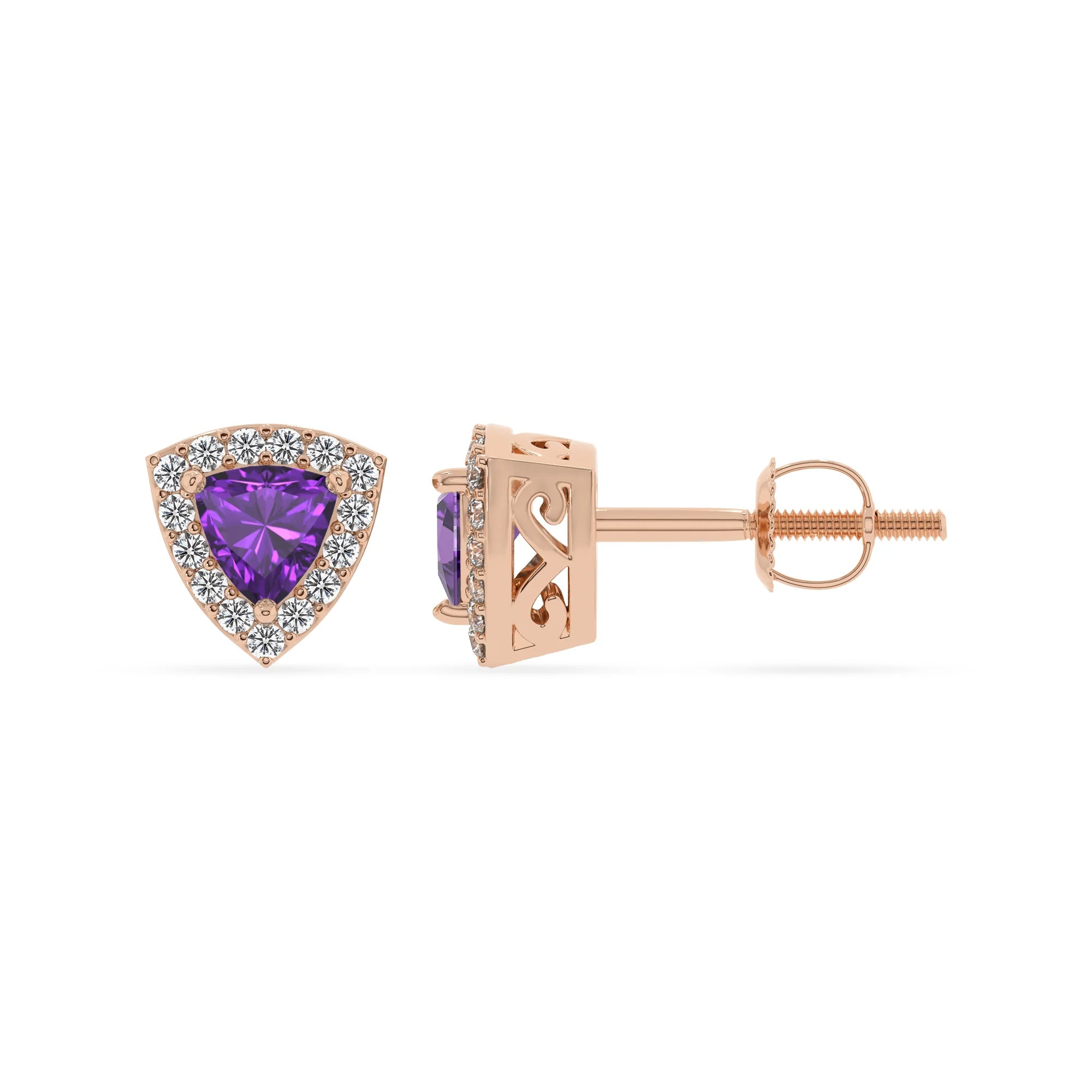 lab grown amethyst trillion stud earrings in rose gold