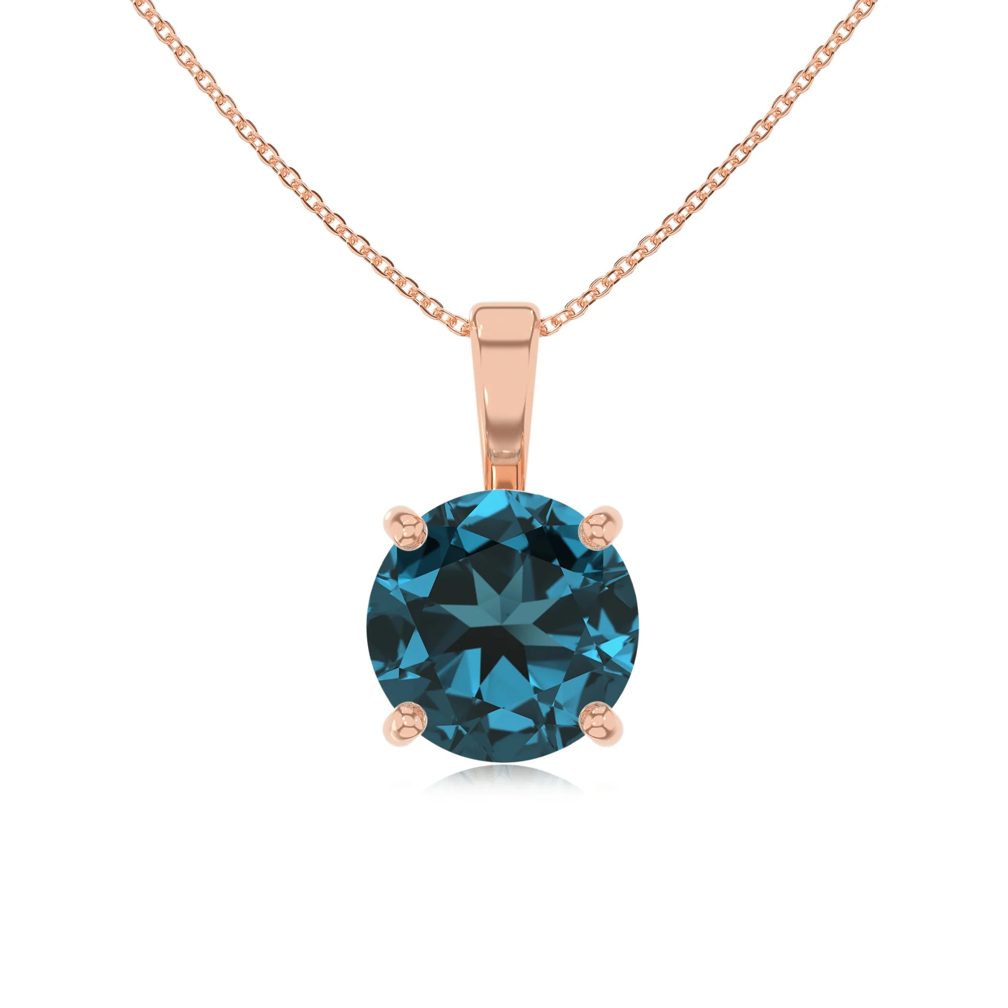 natural london-blue-topaz round solitaire necklaces in rose gold