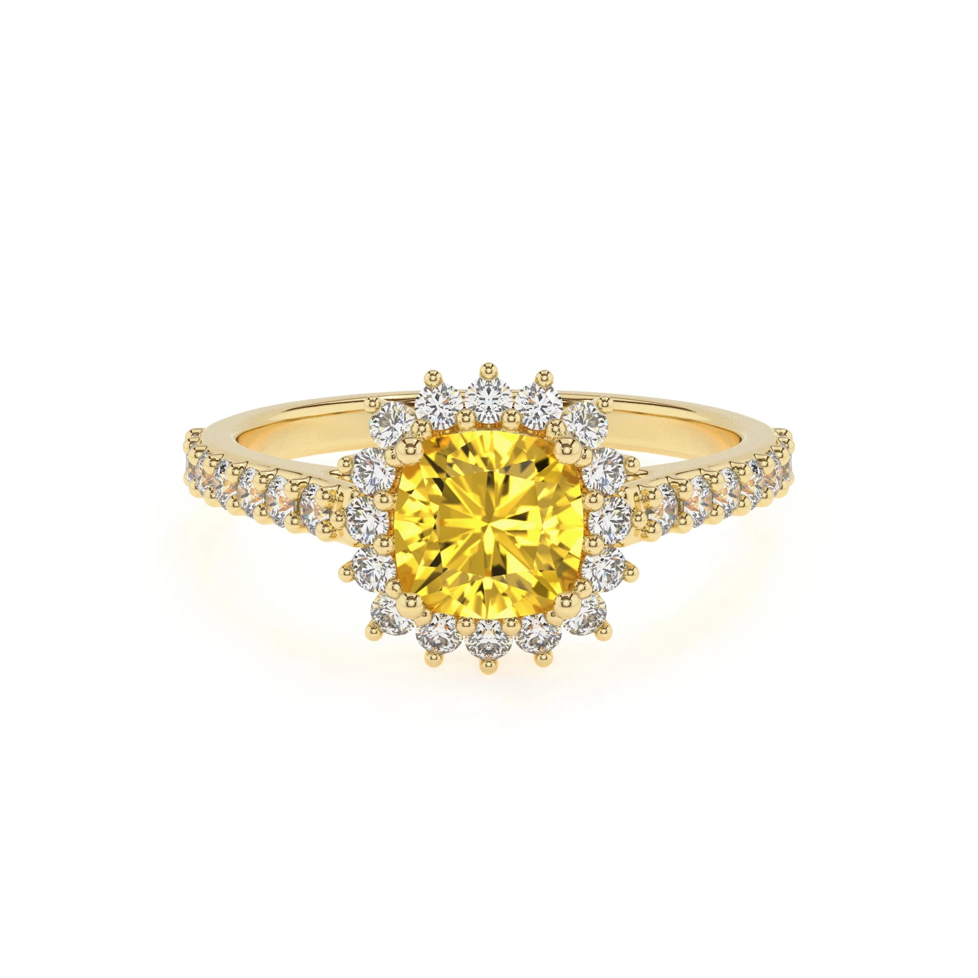 lab grown yellow-sapphire cushion solitaire rings in yellow gold