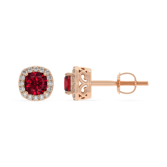 lab grown ruby cushion stud earrings in rose gold