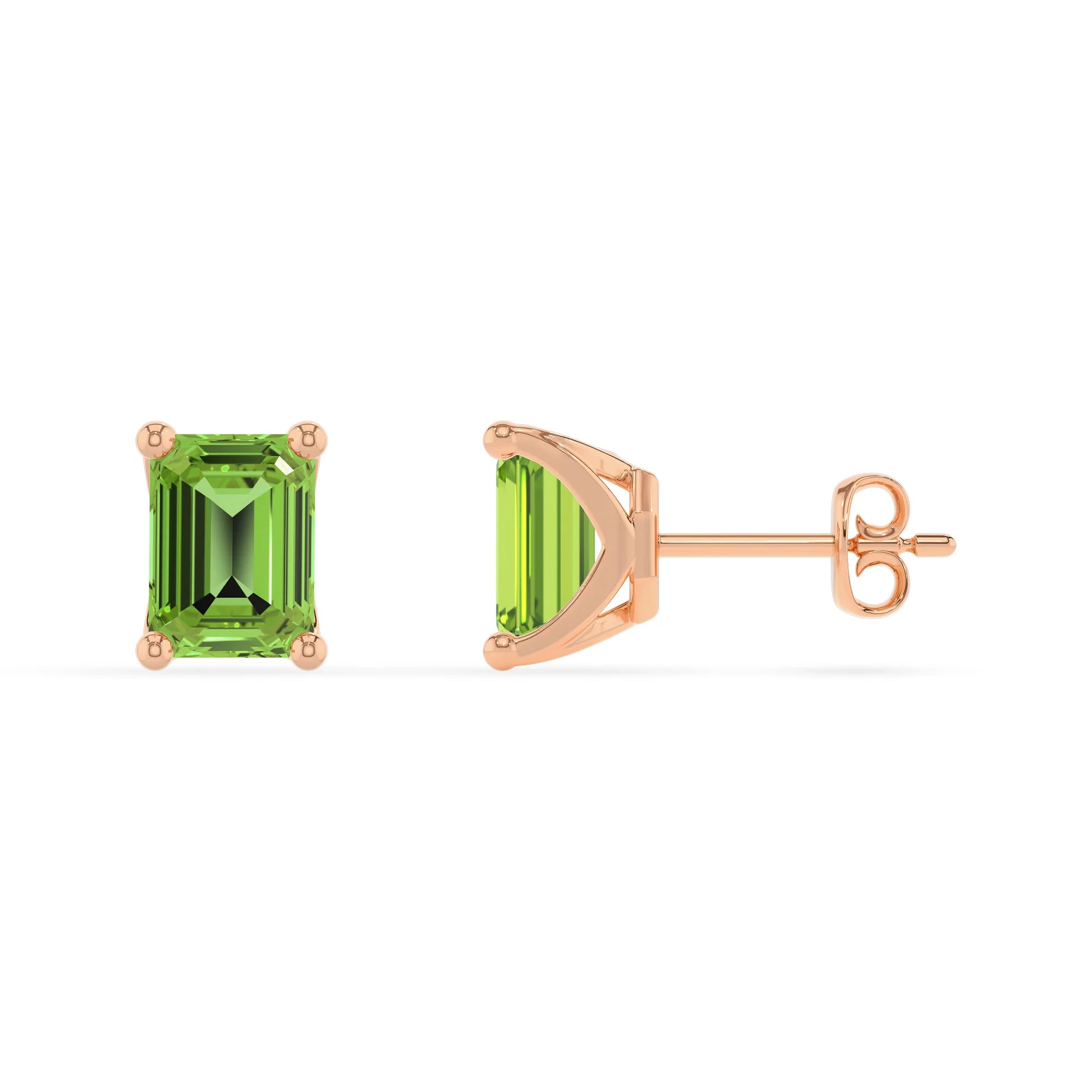 natural peridot emerald cut stud earrings in rose gold