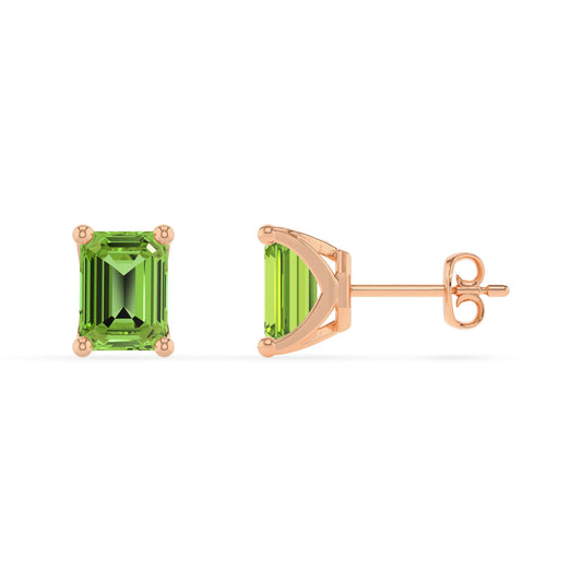 natural peridot emerald cut stud earrings in rose gold