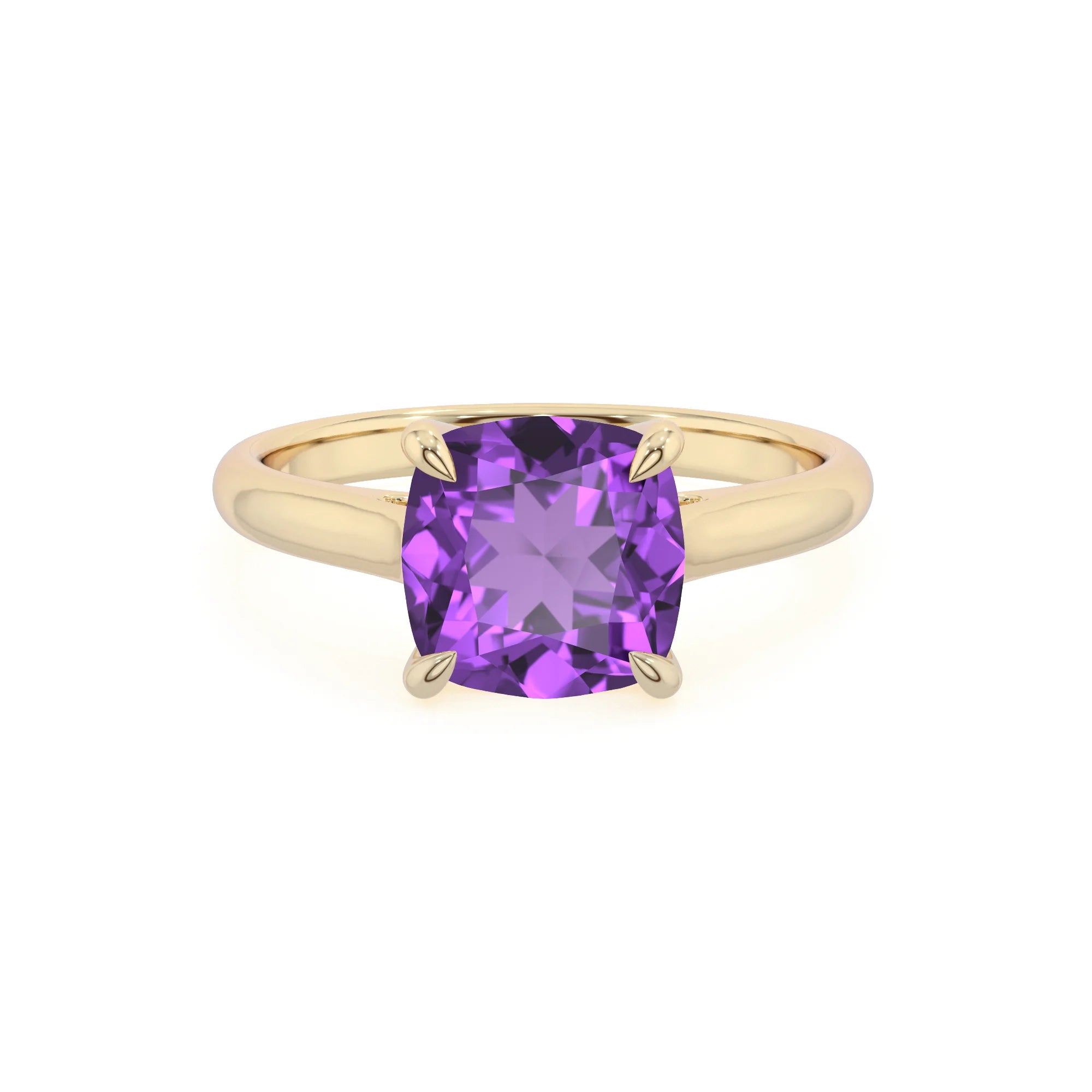 lab grown amethyst cushion solitaire rings in yellow gold