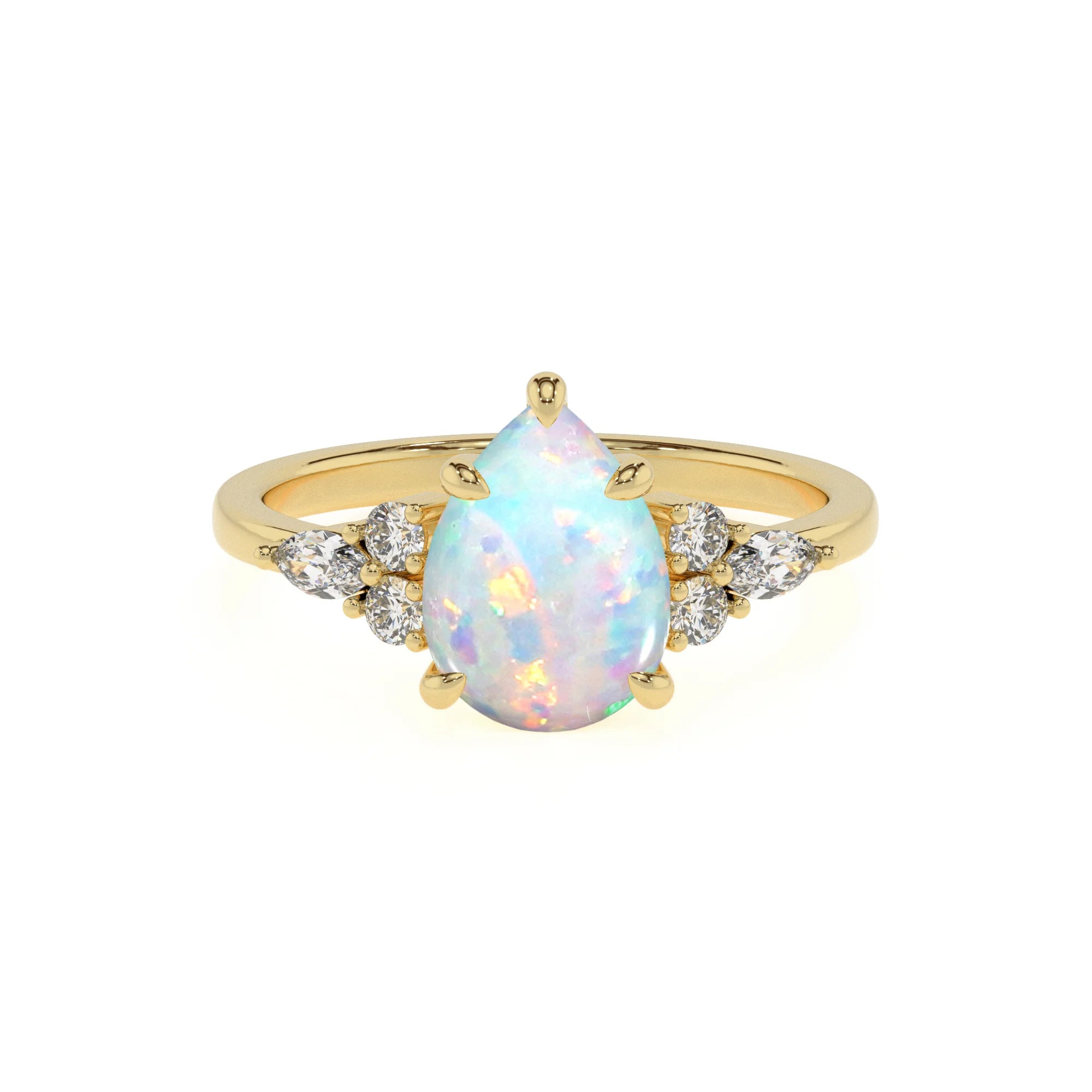 lab grown opal pear solitaire rings in yellow gold