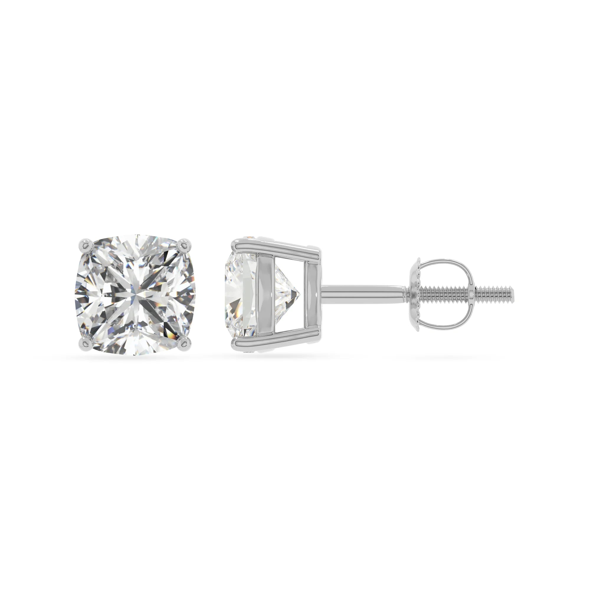 lab grown moissanite cushion stud earrings in white gold