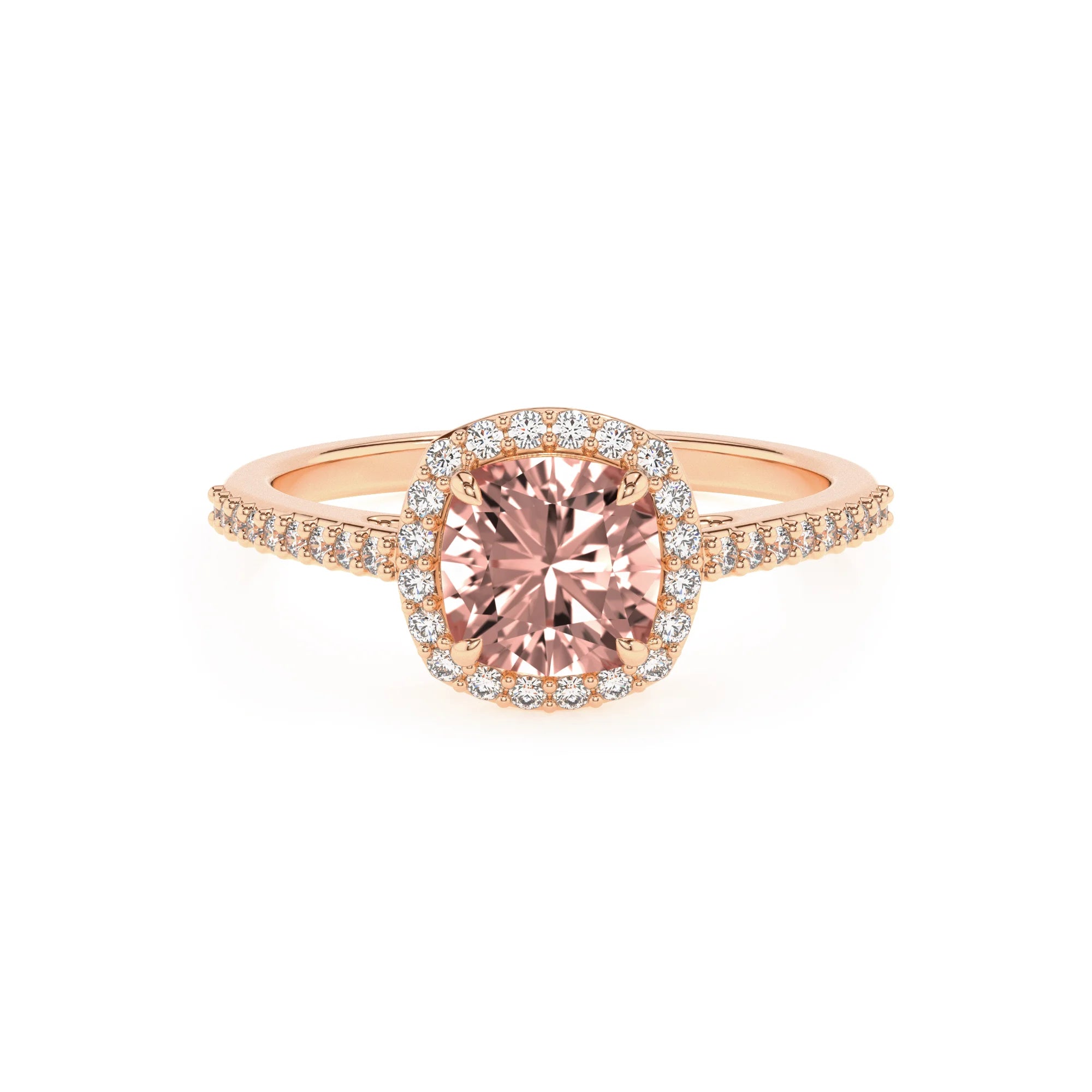 lab grown morganite cushion solitaire rings in rose gold