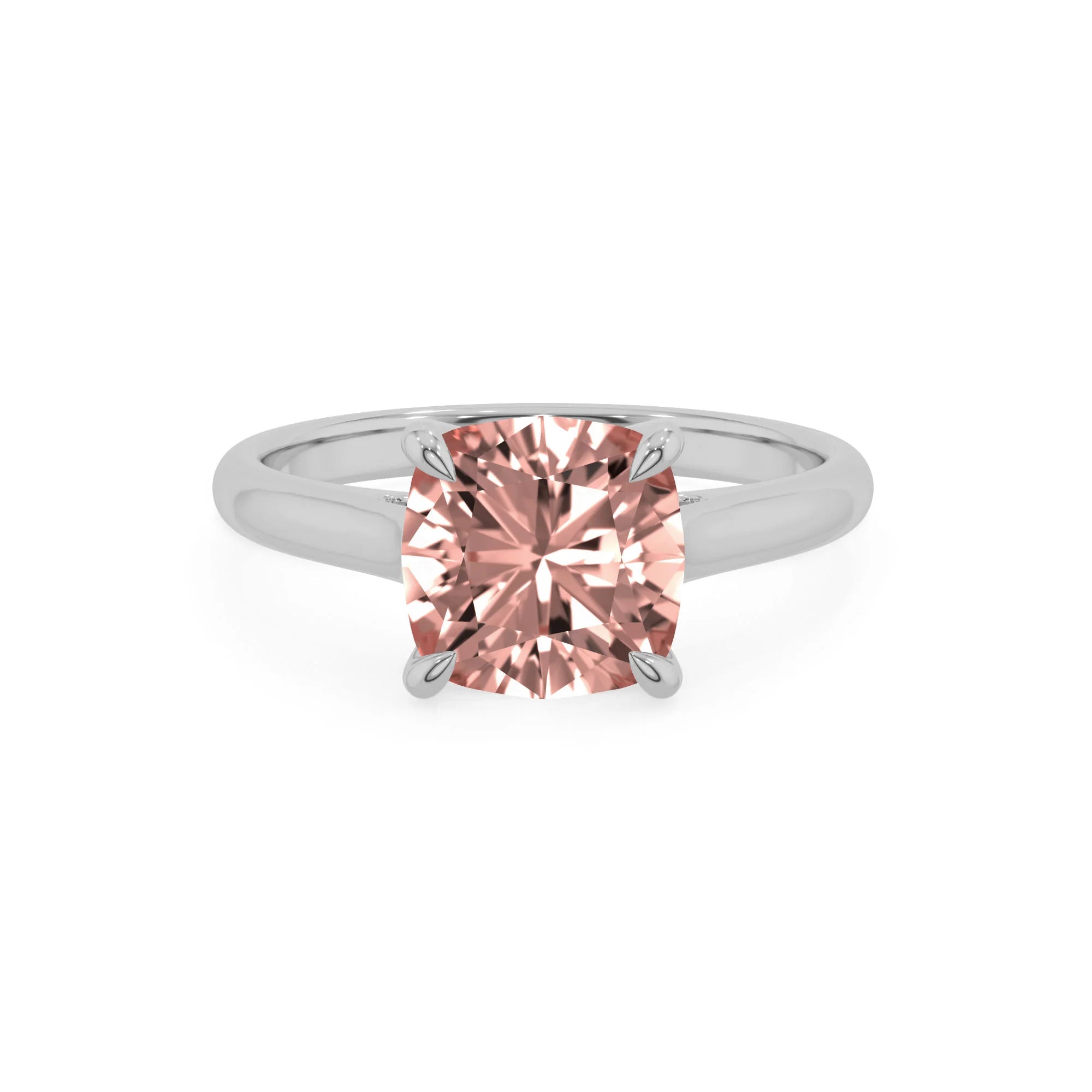 lab grown morganite cushion solitaire rings in sterling silver