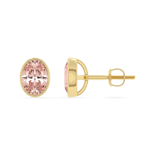 lab grown morganite oval stud earrings in yellow gold