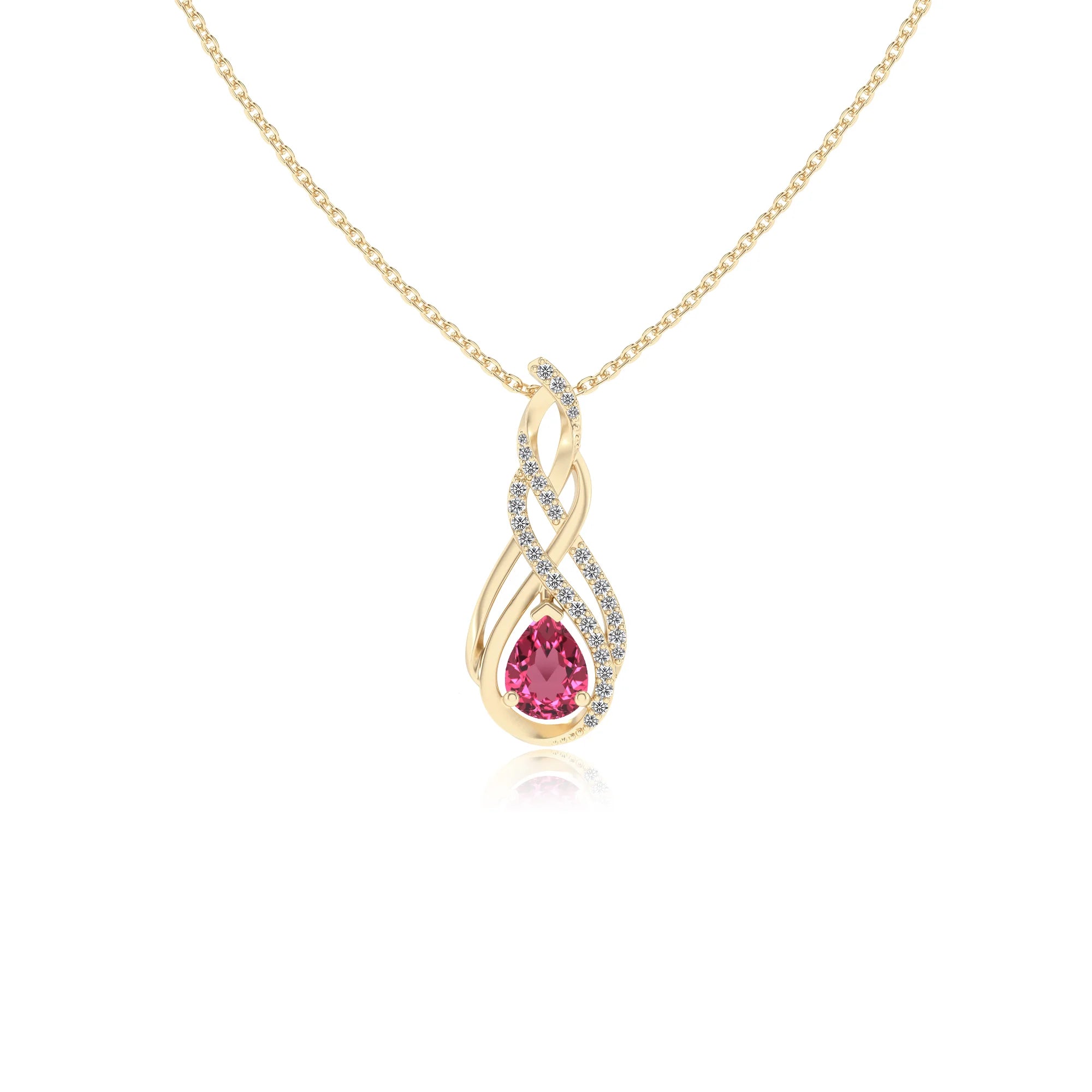 lab grown pink-tourmaline pear solitaire necklaces in yellow gold