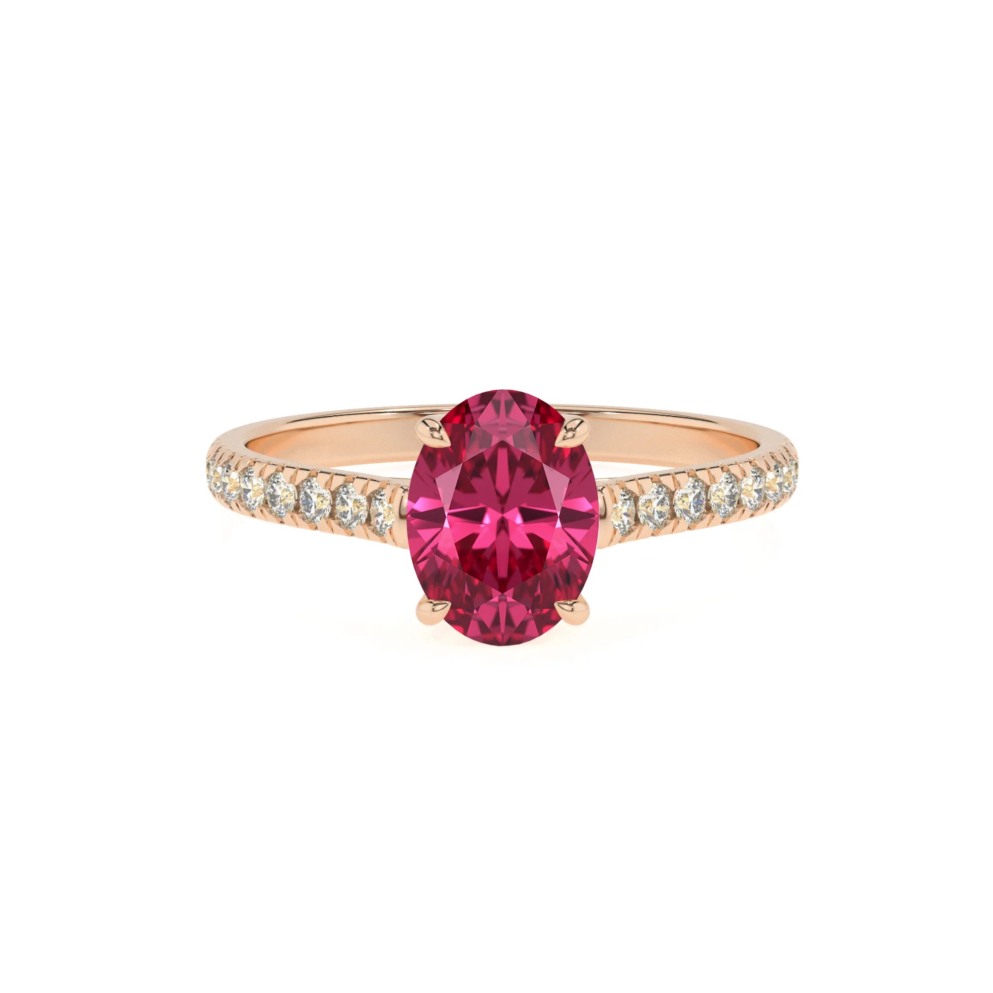 lab grown pink-tourmaline oval half eternity solitaire engagement rings in rose gold
