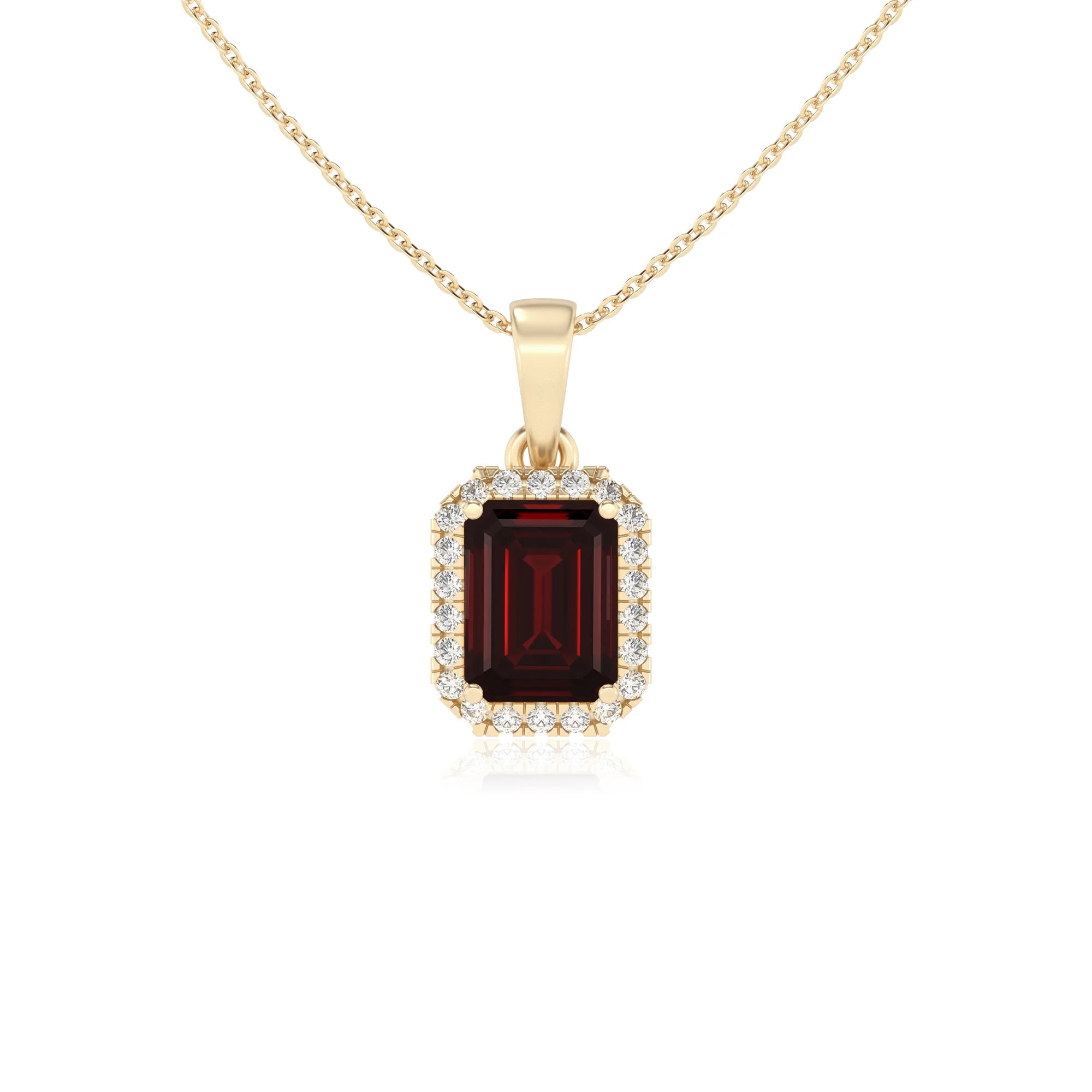 natural garnet emerald cut solitaire necklaces in yellow gold