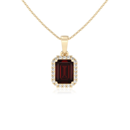 natural garnet emerald cut solitaire necklaces in yellow gold