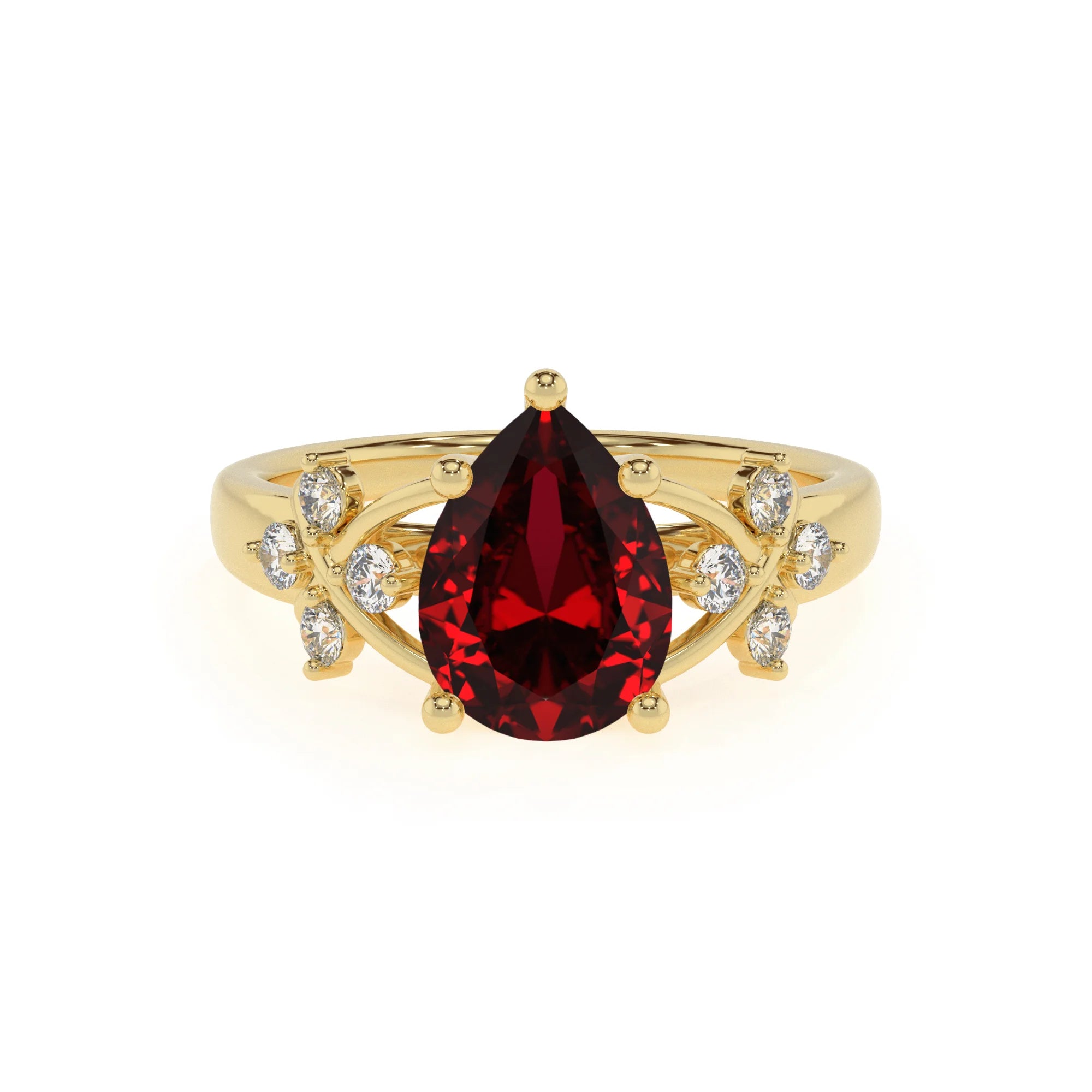 lab grown ruby pear solitaire rings in yellow gold