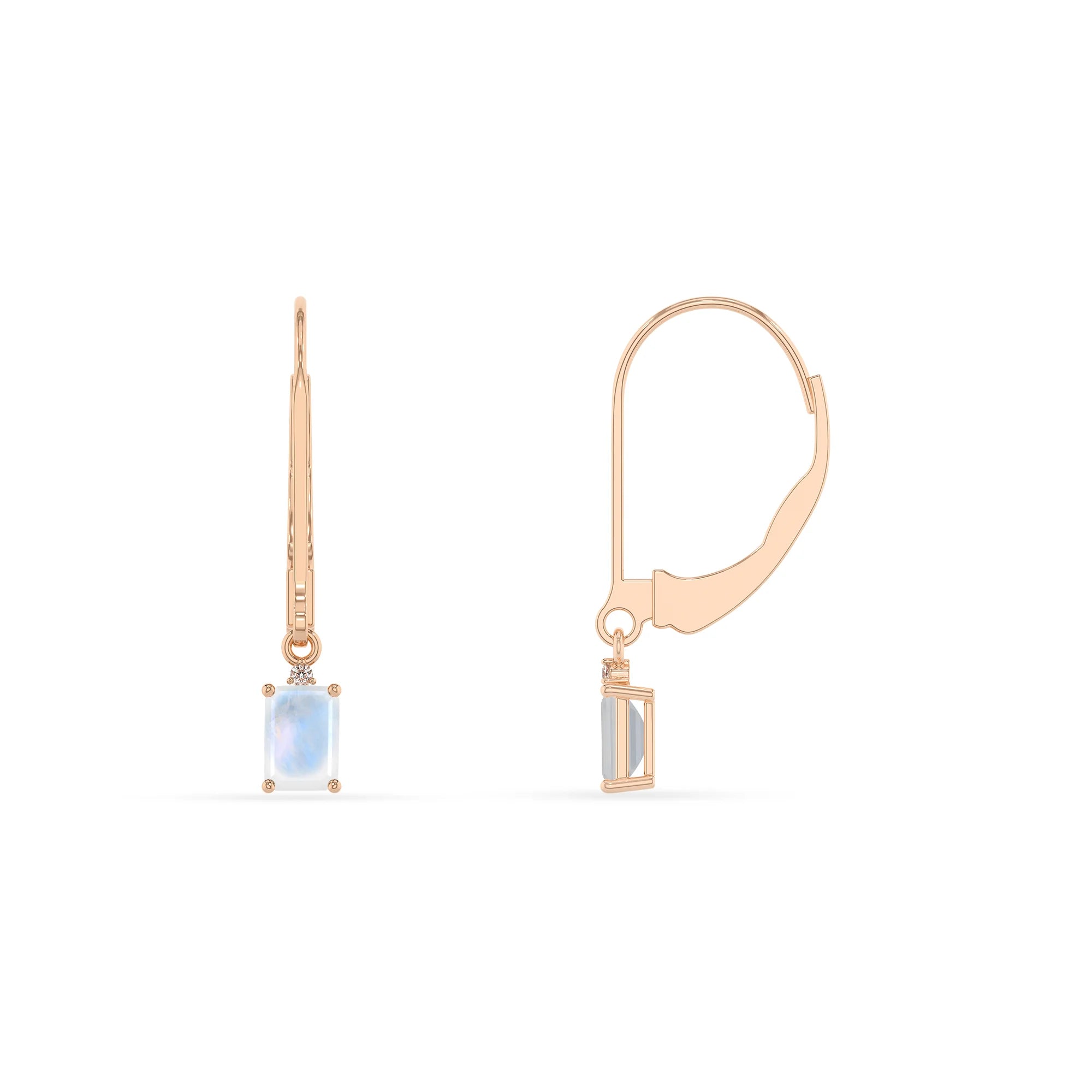 natural rainbow moonstone emerald cut drop earrings in rose gold
