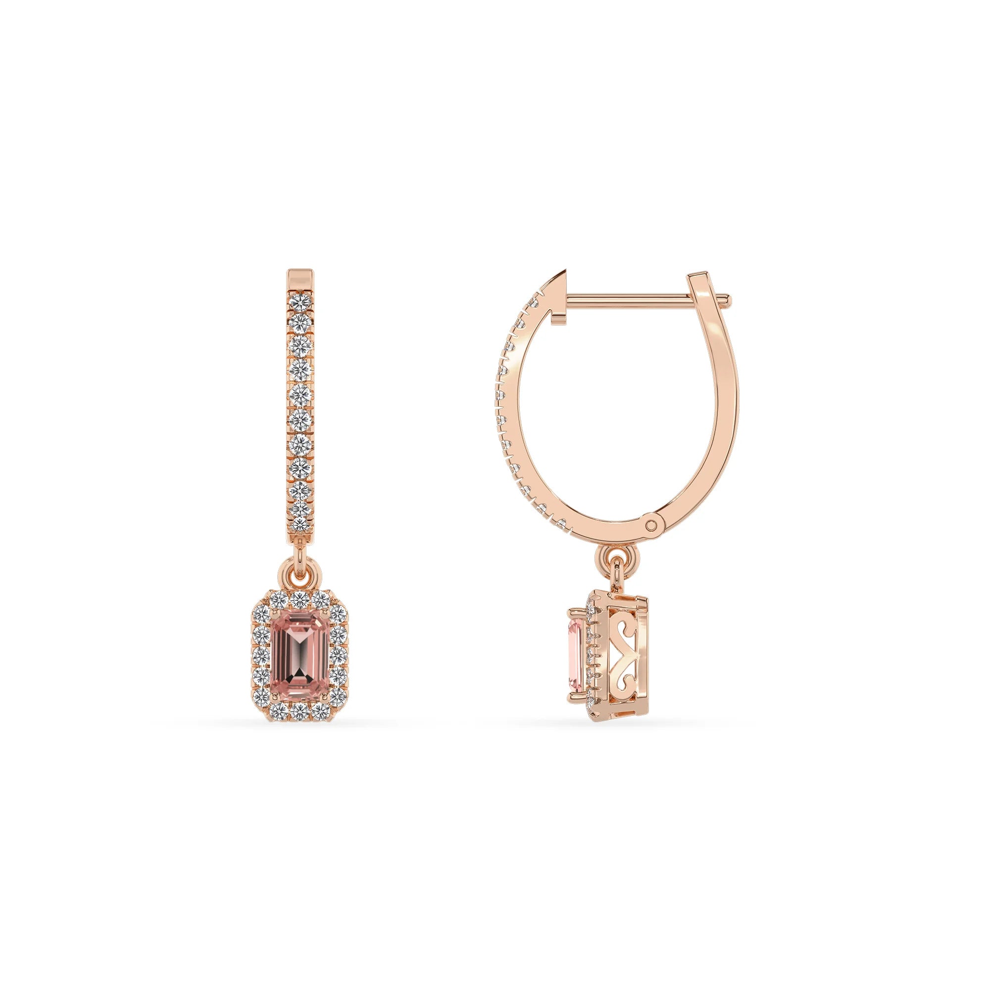 lab grown morganite emerald cut drop earrings in rose gold