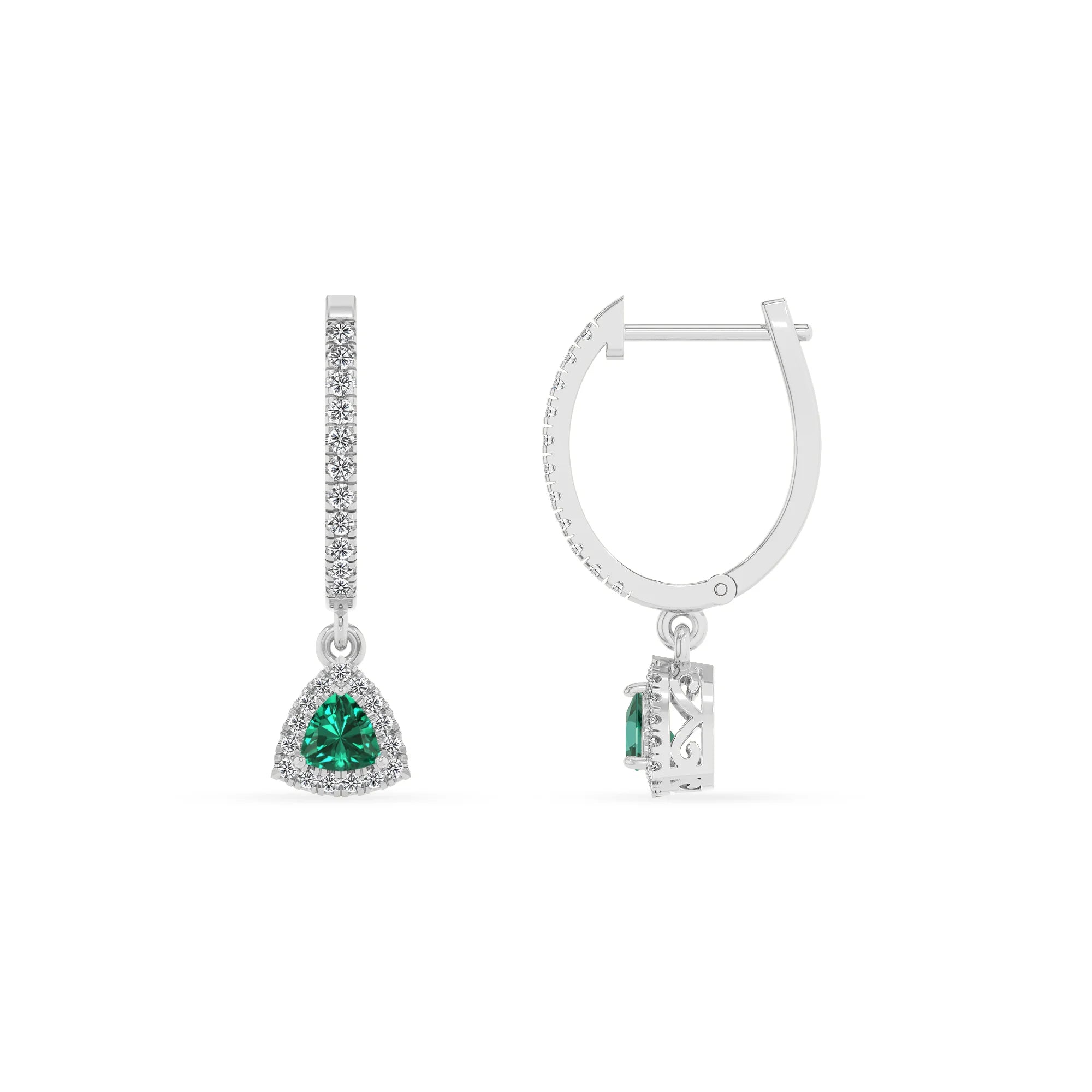 lab grown emerald trillion drop earrings in white gold