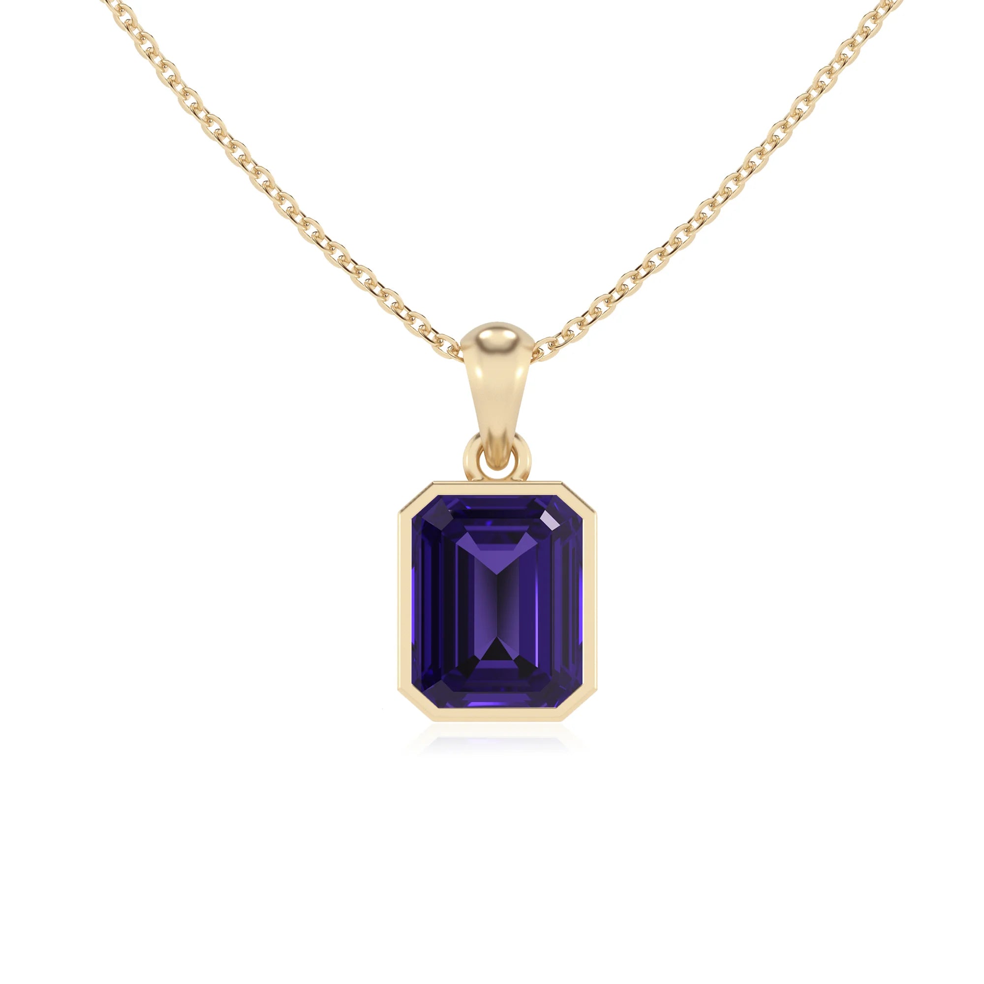 lab grown tanzanite emerald cut solitaire necklaces in yellow gold