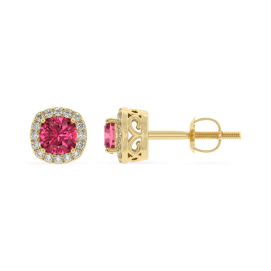 lab grown pink tourmaline cushion stud earrings in yellow gold