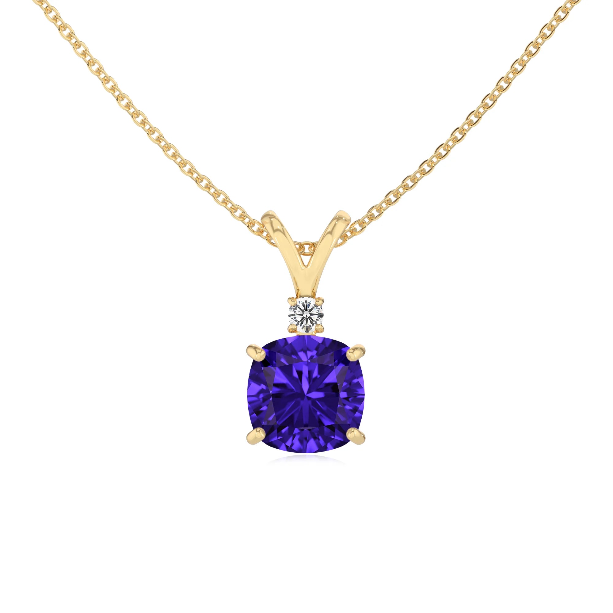 lab grown tanzanite cushion solitaire v-bale necklaces in yellow gold
