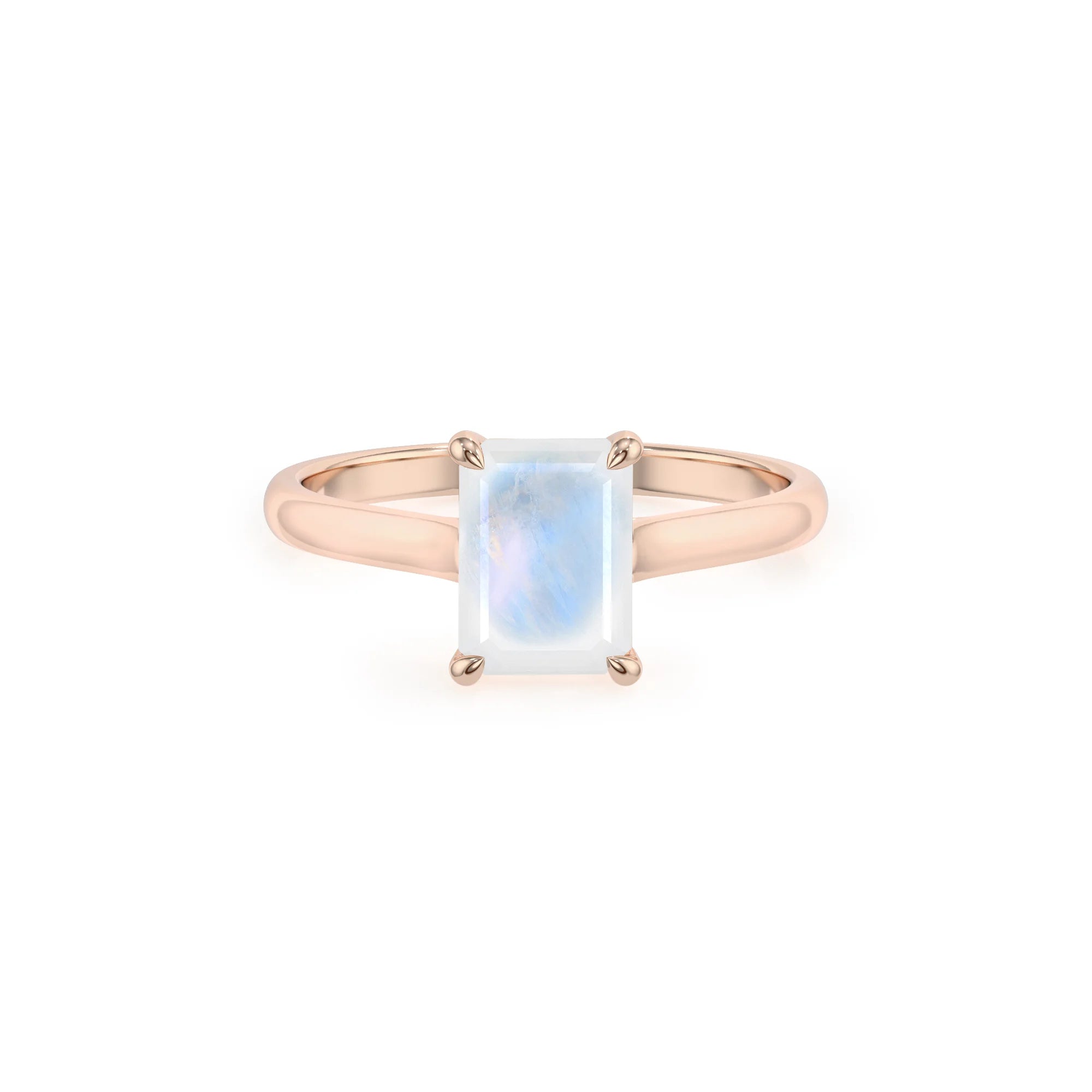 natural rainbow-moonstone emerald cut solitaire rings in rose gold