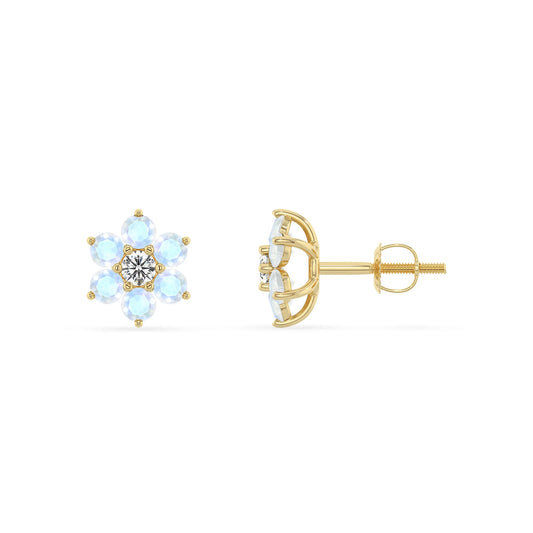 Natural Rainbow Moonstone Round Stud Earrings with Diamond